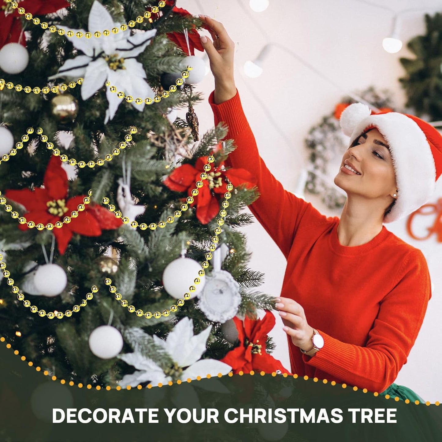 Craft String Pearls 6MM Pearl Bead, 66 Feet Gold Faux Pearl Garland Spool Roll Strand Wedding Party Decoration, Christmas Tree Decorations