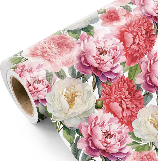 WRAPAHOLIC Floral Wrapping Paper Roll - Mini Roll - 17 Inch x 9.8 Feet - Red Pink Flower Wrapping Paper Perfect for Girls Women Birthday, Wedding, Bridal Shower