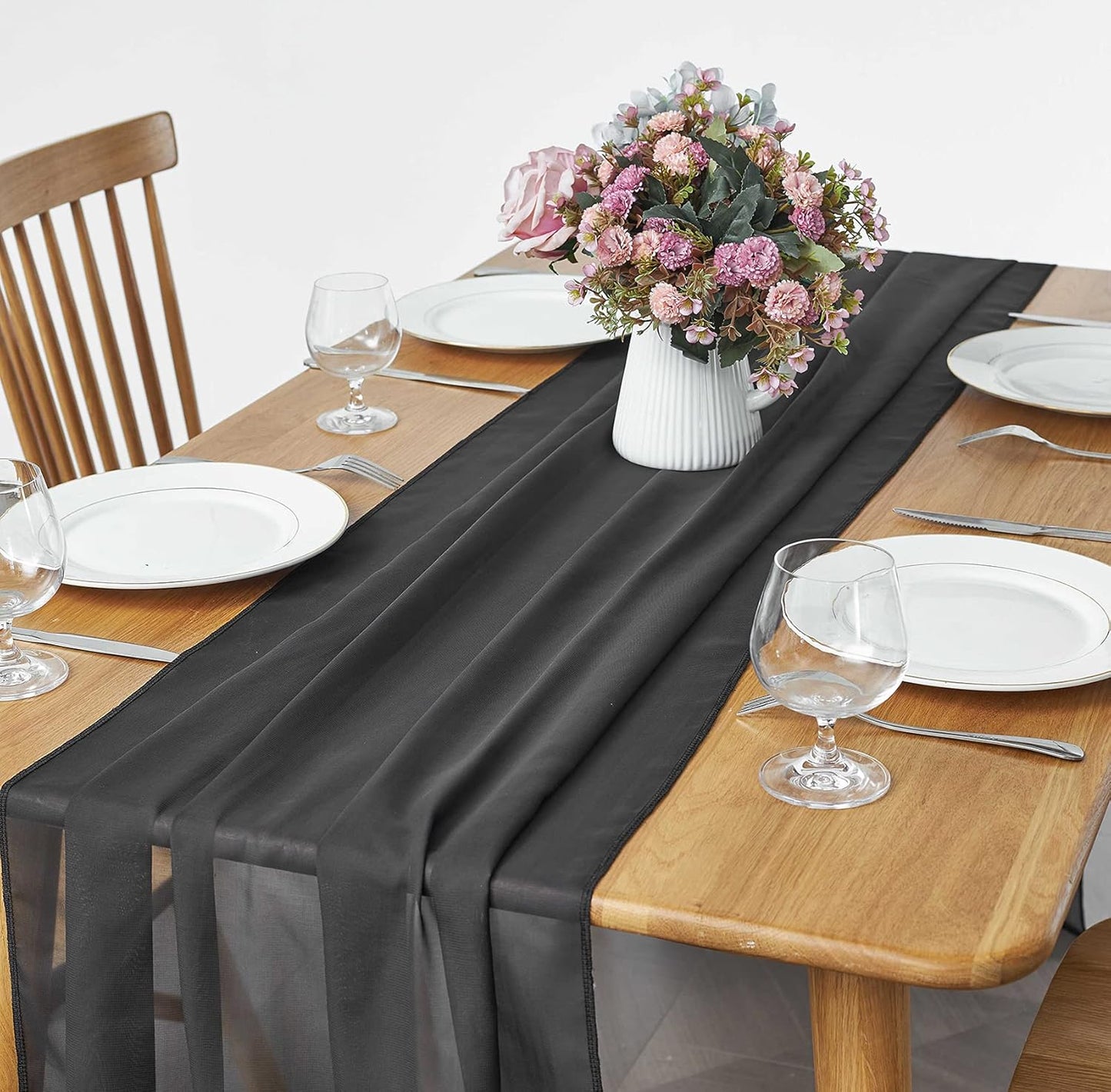 5 Pack 10Ft Black Chiffon Table Runner Sheer 29x120 Inch for Romantic Wedding Decor Bridal & Baby Shower Birthday Rustic Party Decoration
