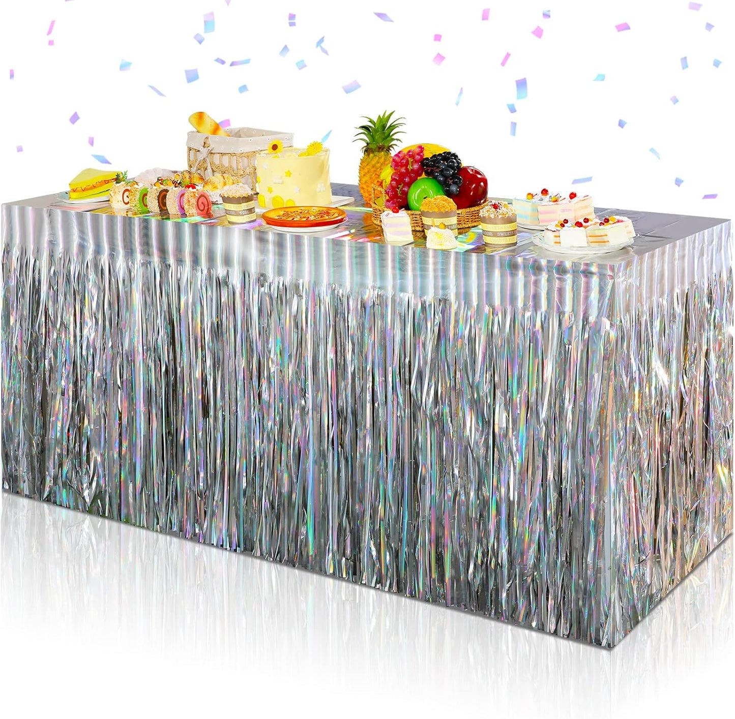 8 Pack Iridescent Table Skirt, Metallic Foil Fringe Tinsel Table Skirts for Rectangle Tables, Disposable Laser Rainbow Table Skirt Iridescent Party Decorations for Birthday Wedding Holiday, 29x108Inch