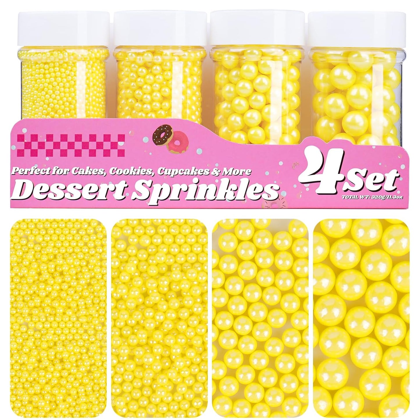Yellow Pearl Sprinkles for Cake Decorating, 11.3 Oz Edible Pearls Sugar 4 Sizes Gift Box Set for Baking Cookie Ice Cream Cupcake Toppings