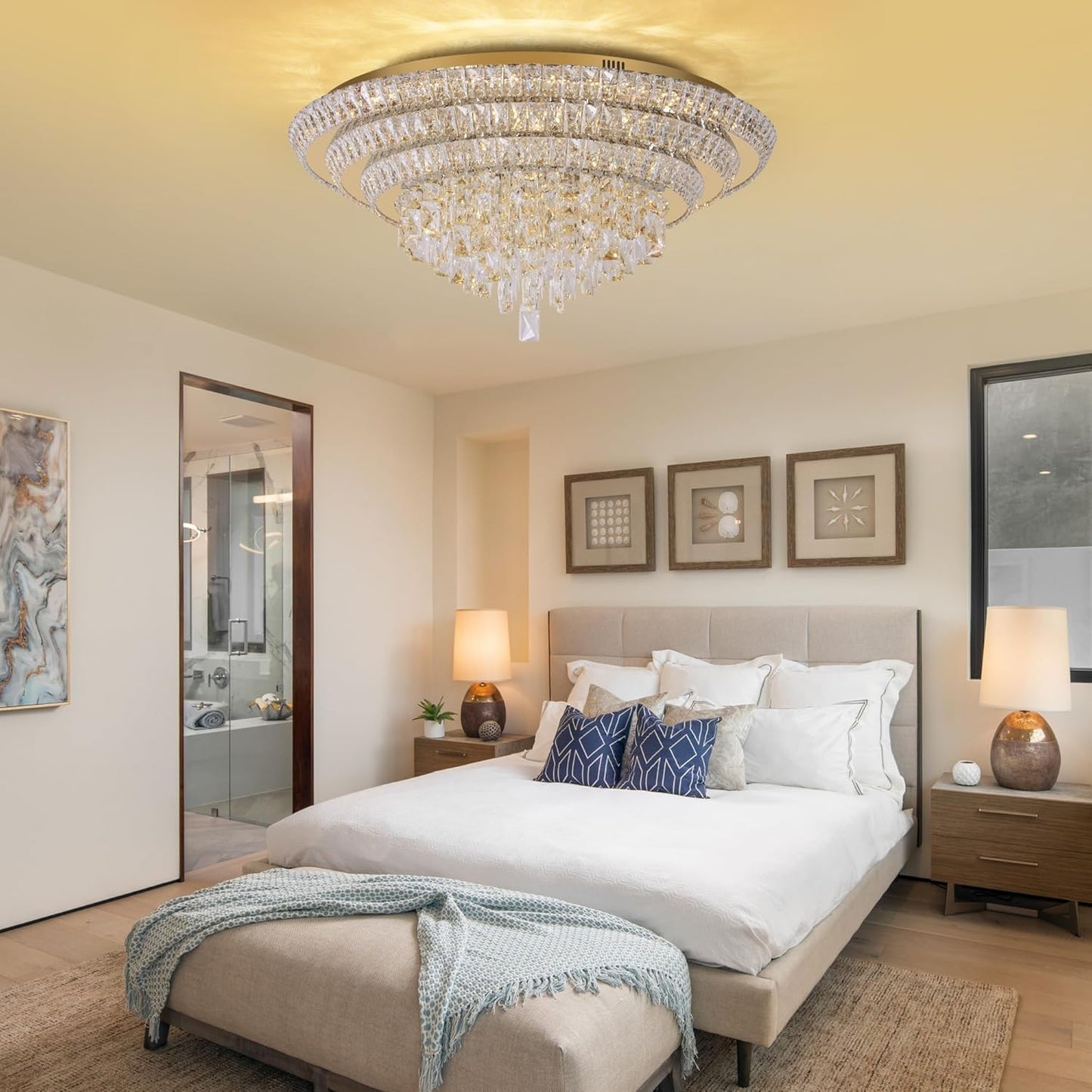 30 inch Crystal Gold Ceiling-Light Flush Mount with Remote Control and APP, 3CCT Dimmable & Brightness Adjustable, Modern Crystal Raindrop Chandeliers for Bedroom Hallway Dinning Room Living Room