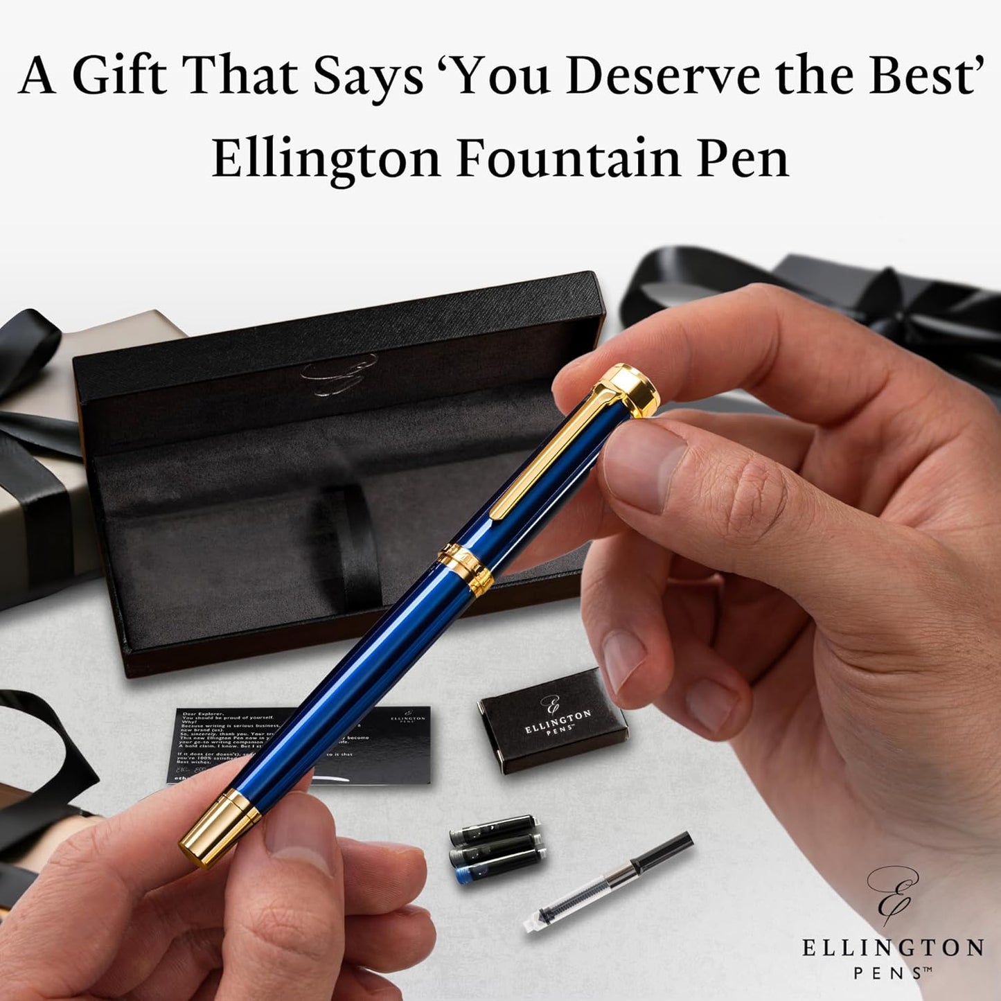 Ellington Pens Luxury Fountain Pen Set- Fountain Pens for Writing - Smooth Fine Nib - Includes Refillable Ink Converter, 3 Ink Cartridges [Black & Blue], Gift Box - Elegant Calligraphy