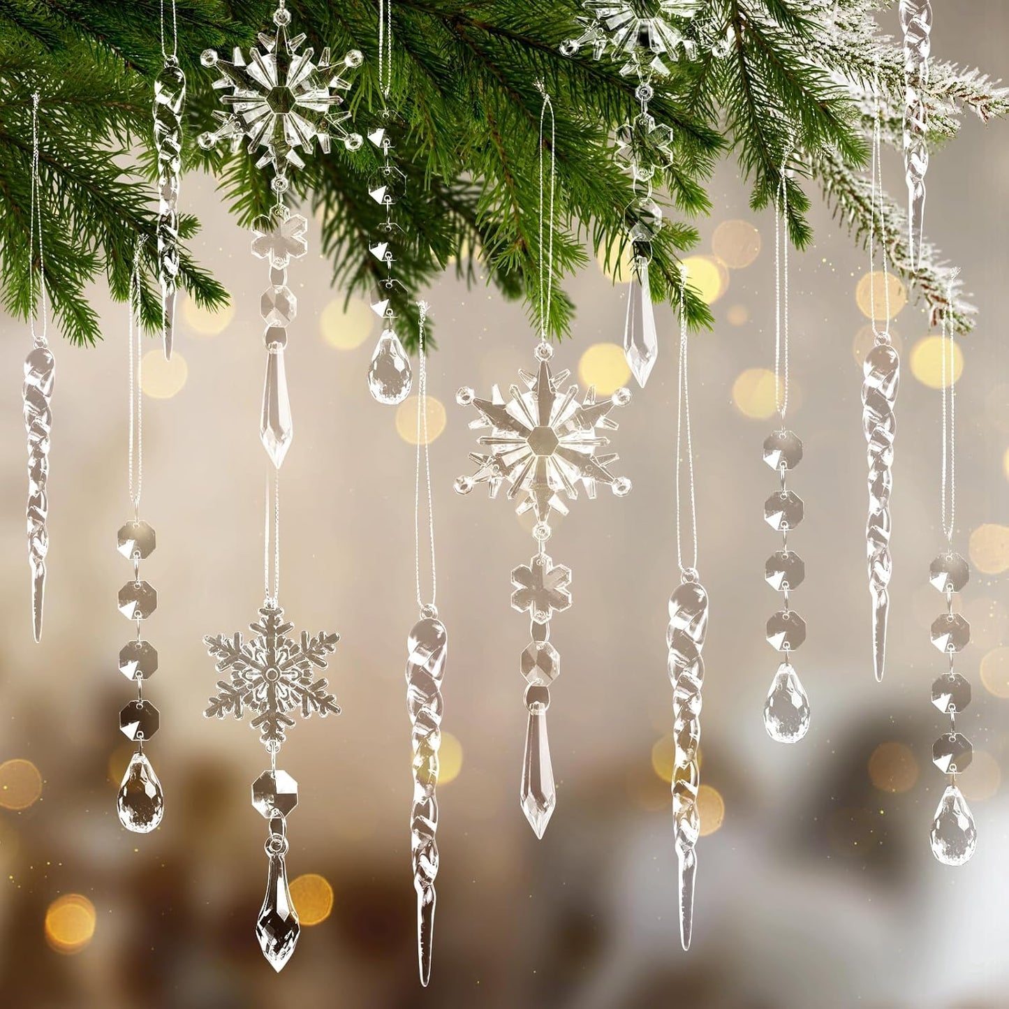 20pcs Christmas Ornaments Set for Tree - Hanging Acrylic Crystal Snowflake Icicle Drop Decorations for Winter Christmas Tree, New Year Party Supplies