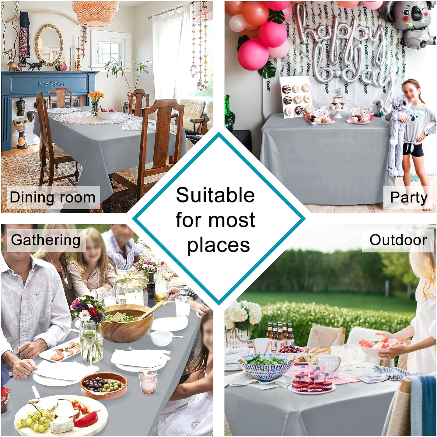 Hiasan Silver Grey Rectangle Tablecloth - Waterproof and Spillproof Washable Fabric Table Cloth for Dining Room Kitchen Party and Outdoor, 90 x 156 Inch