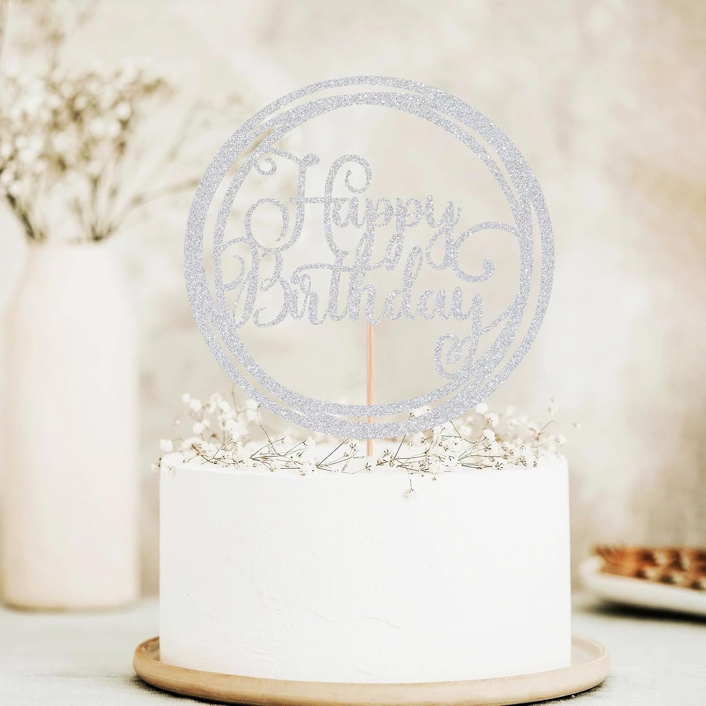 Happy Birthday Cake Topper - Silver Glitter Happy Birthday Cake Decoration Supplies for Children or Adults - Happy Birthday Cake Bunting Decor, Photo Booth Props