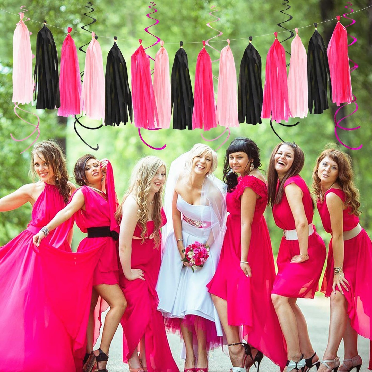 Hot-Pink Black Party-Decorations - 33pcs Baby Girl Women Birthday Banner,Streamers Tassel Garland,Birthday Tissue Pom Poms Honeycomb,Paper Lantern Fans,Wedding Bachelorette Graduation Decor Hugtmr