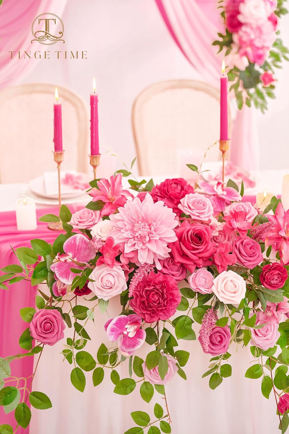 TINGE TIME Artificial Sweetheart Flower Swag with Table Cloth and Table Runner, Pack of 3 Floral Arrangement for Wedding Sweetheart Table Centerpiece Decoration Valentine's Day (Hot Pink)