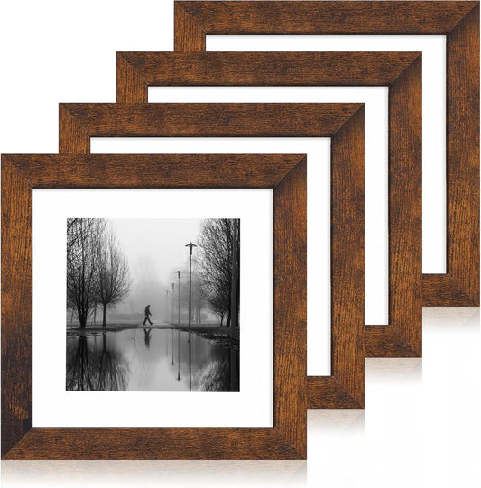 8x8 Picture Frame Set of 4 with HD Glass, Display 6x6 Pictures with Mat or 8 x 8 Without Mat, Rustic Wood Photo Frame for Wall Mount and Tabletop Display