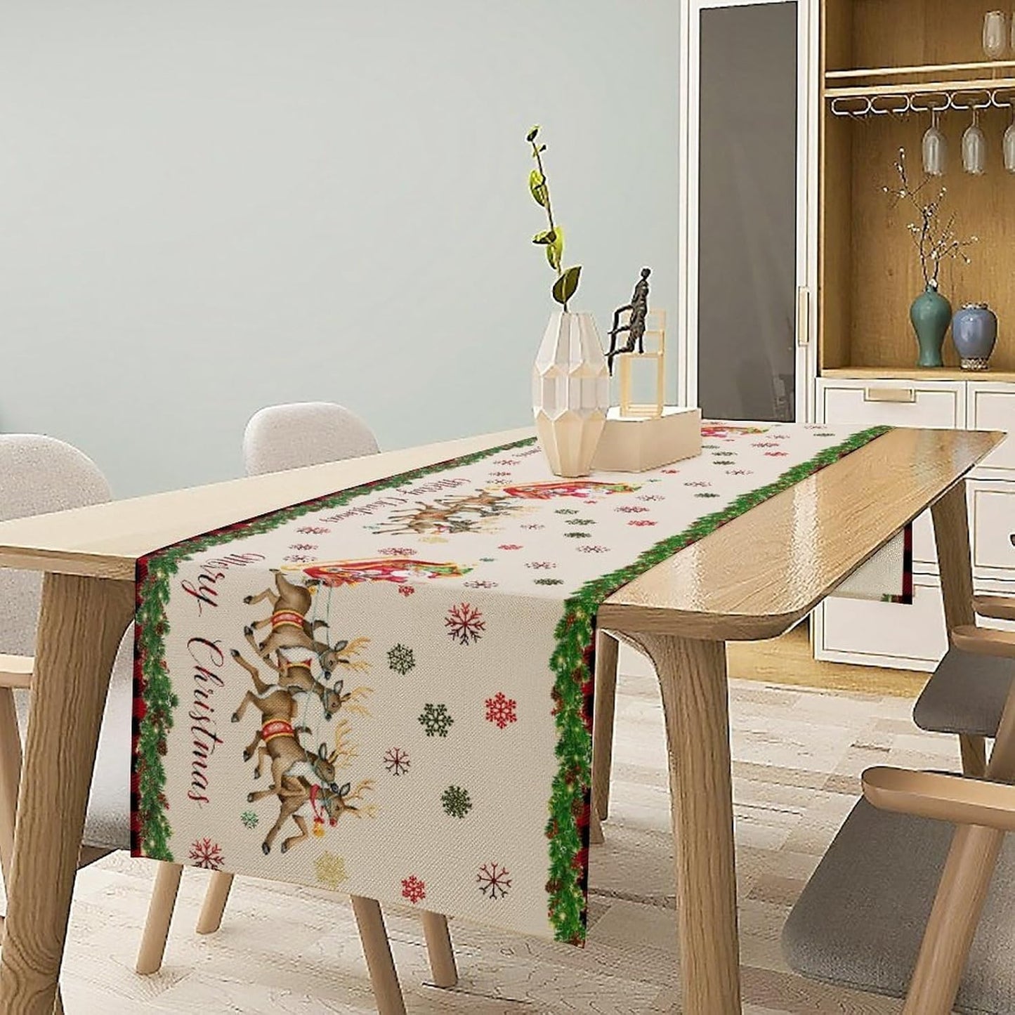 Christmas Table Runner,Xmas Deer Cute Santa Claus Red Plaid Pattern Printed Tablecloth Burlap for Hotel Indoors Outdoor Dining Room Kitchen Home Decor,W13X L90 in