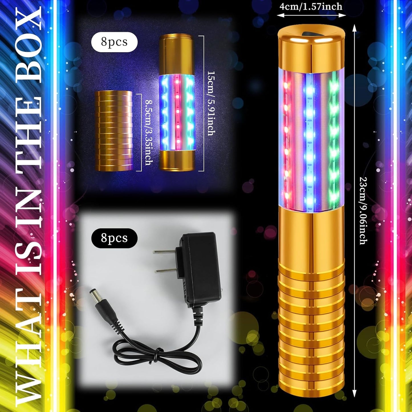 8 Pieces RGB LED Strobe Baton Light Rechargeable Bottle Service Sparklers Stick Reusable Champagne Bottle Handheld LED for Club Stage Nightclub Party Concert Event Bar Outdoor - Gold