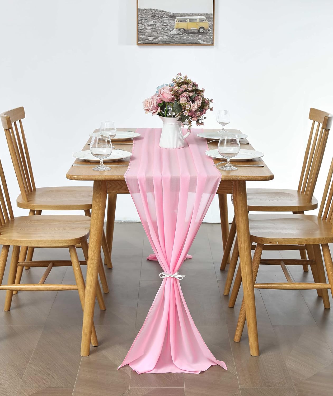 5 Pack 10Ft Pink Chiffon Table Runner Sheer 29x120 Inch for Romantic Wedding Decor Bridal & Baby Shower Birthday Rustic Party Decoration