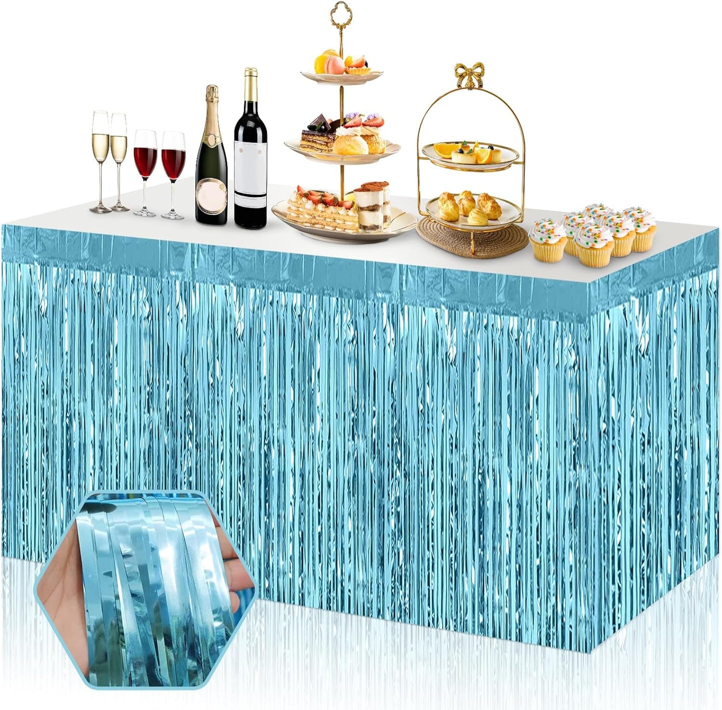 3 Pack 29x108 Inch Light Blue Foil Fringe Table Skirts Metallic Banner for Tinsel Streamer Garland Backdrop for Parade Floats Wedding Thanksgiving Birthday Christmas Halloween Party Decoration