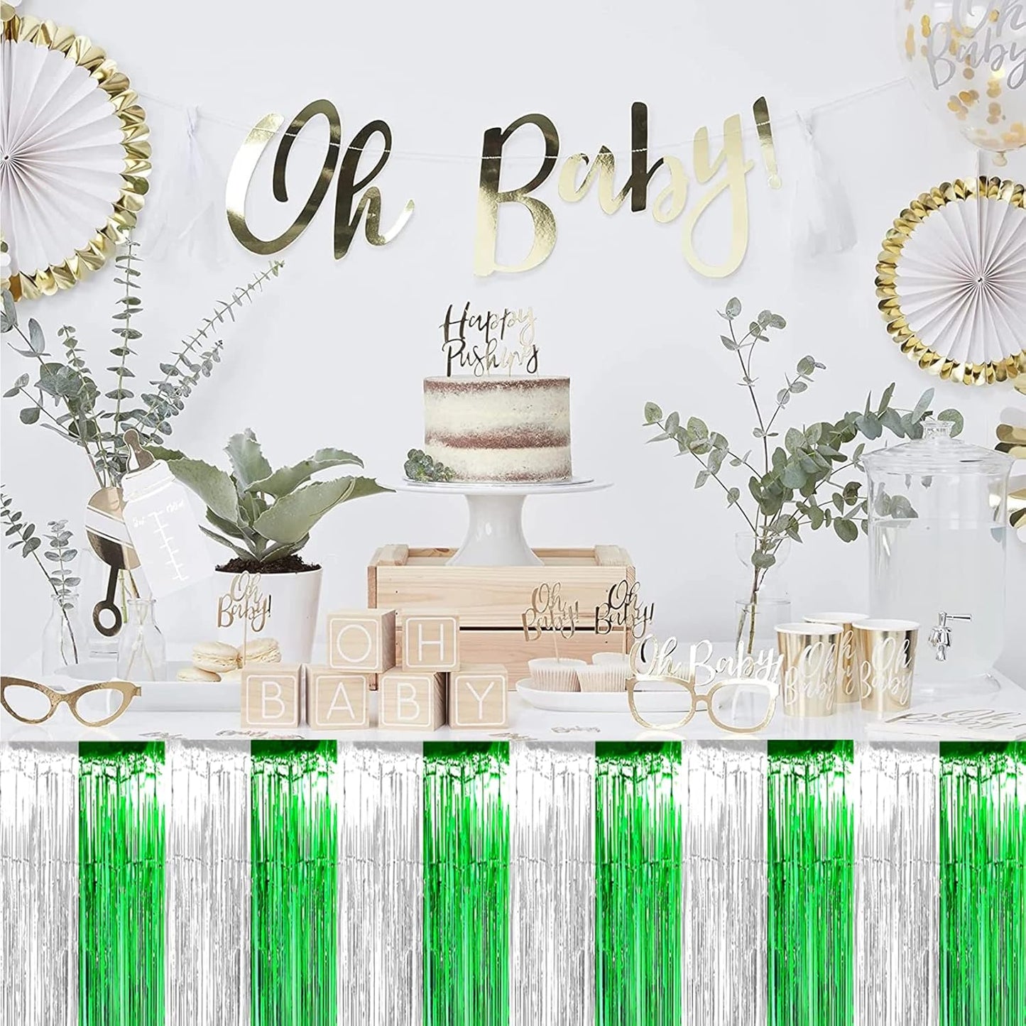 6 Pack 29x108 Inch Silver Green Metallic Foil Fringe Tinsel Table Skirts for Rectangle Tables Streamer Curtains Backdrop for Birthday, Parade Floats, Mardi Gras, St Patrick Day Party Decoration