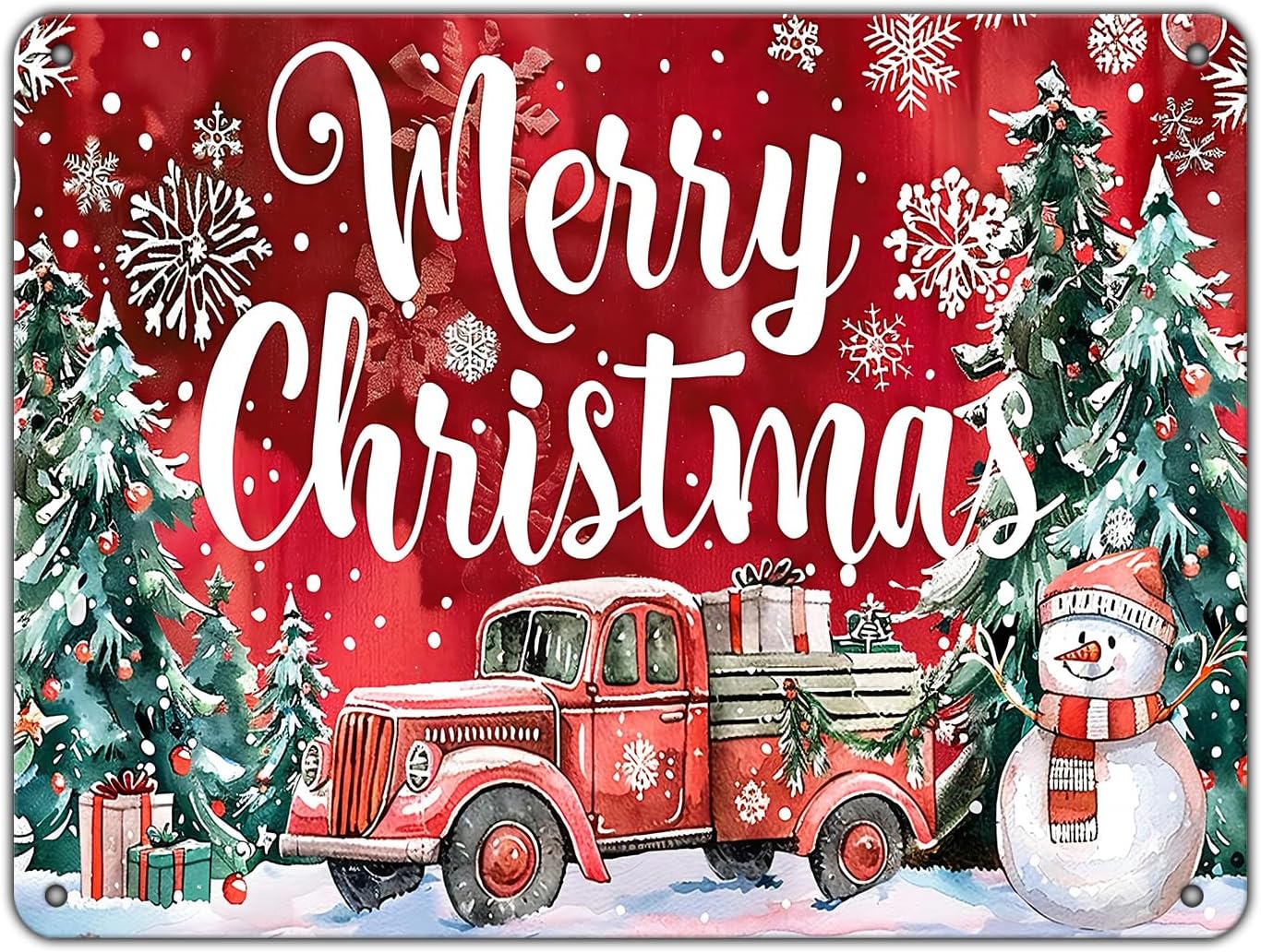 Christmas Truck Metal Tin Sign Merry Christmas Sign Funny Snowman Tin Sign Christmas Tree House Decoration for Indoor Home House Decor Party Supplies 12x16Inch
