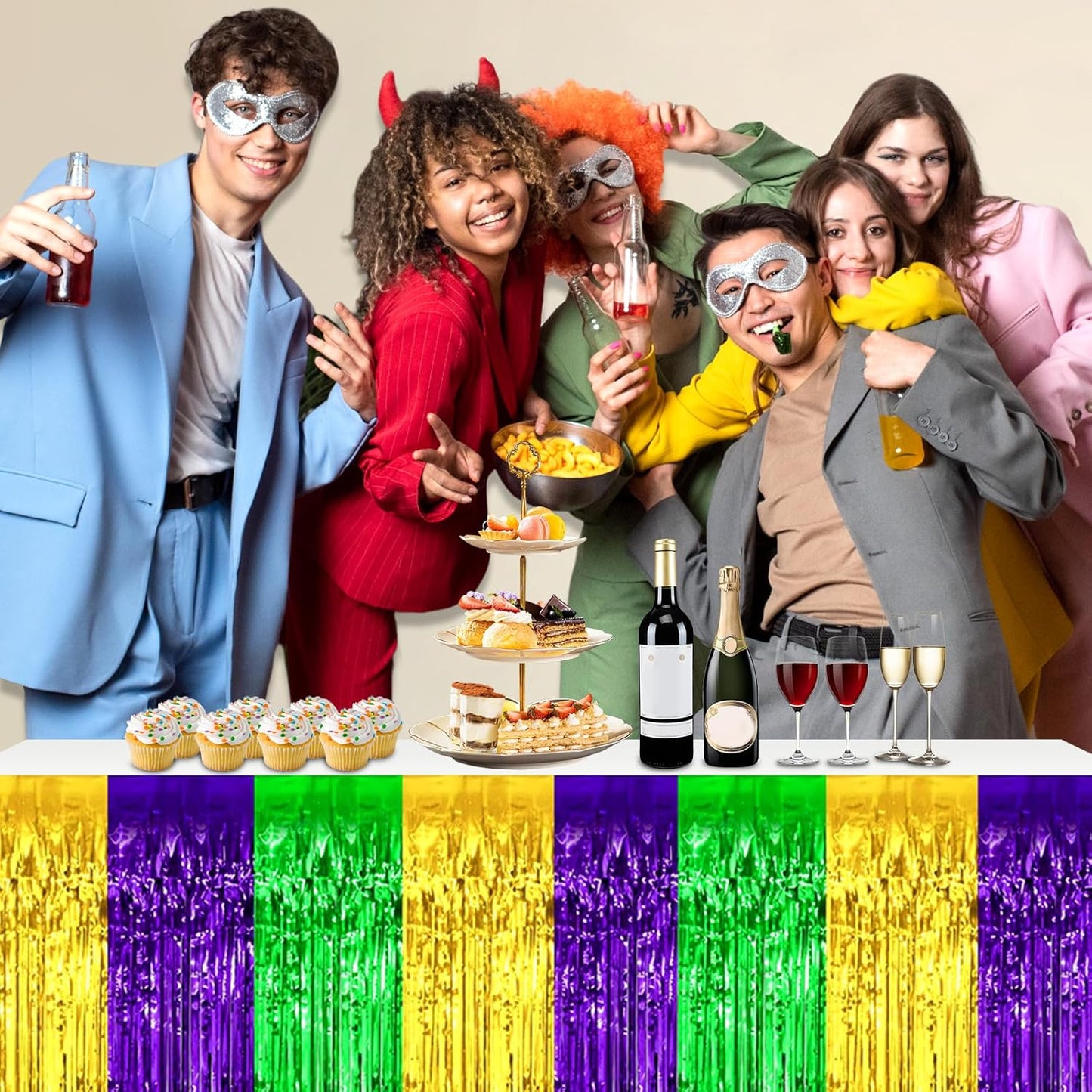 3 Pack 29x108 Inch Gold Green Purple Foil Fringe Table Skirts Metallic Banner for Tinsel Streamer Garland Backdrop for Parade Floats Wedding Thanksgiving Birthday Christmas Halloween Party Decoration