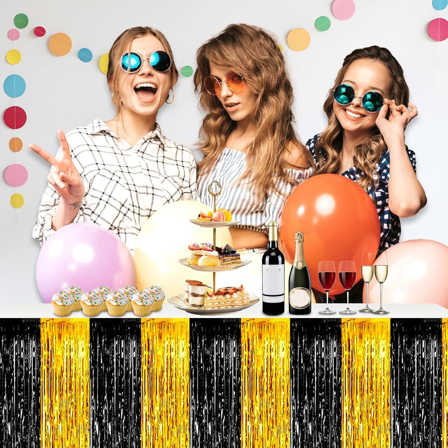 3 Pack 29x108 Inch Black Gold Foil Fringe Table Skirts Metallic Banner for Tinsel Streamer Garland Backdrop for Parade Floats Wedding Thanksgiving Birthday Christmas Halloween Party Decoration