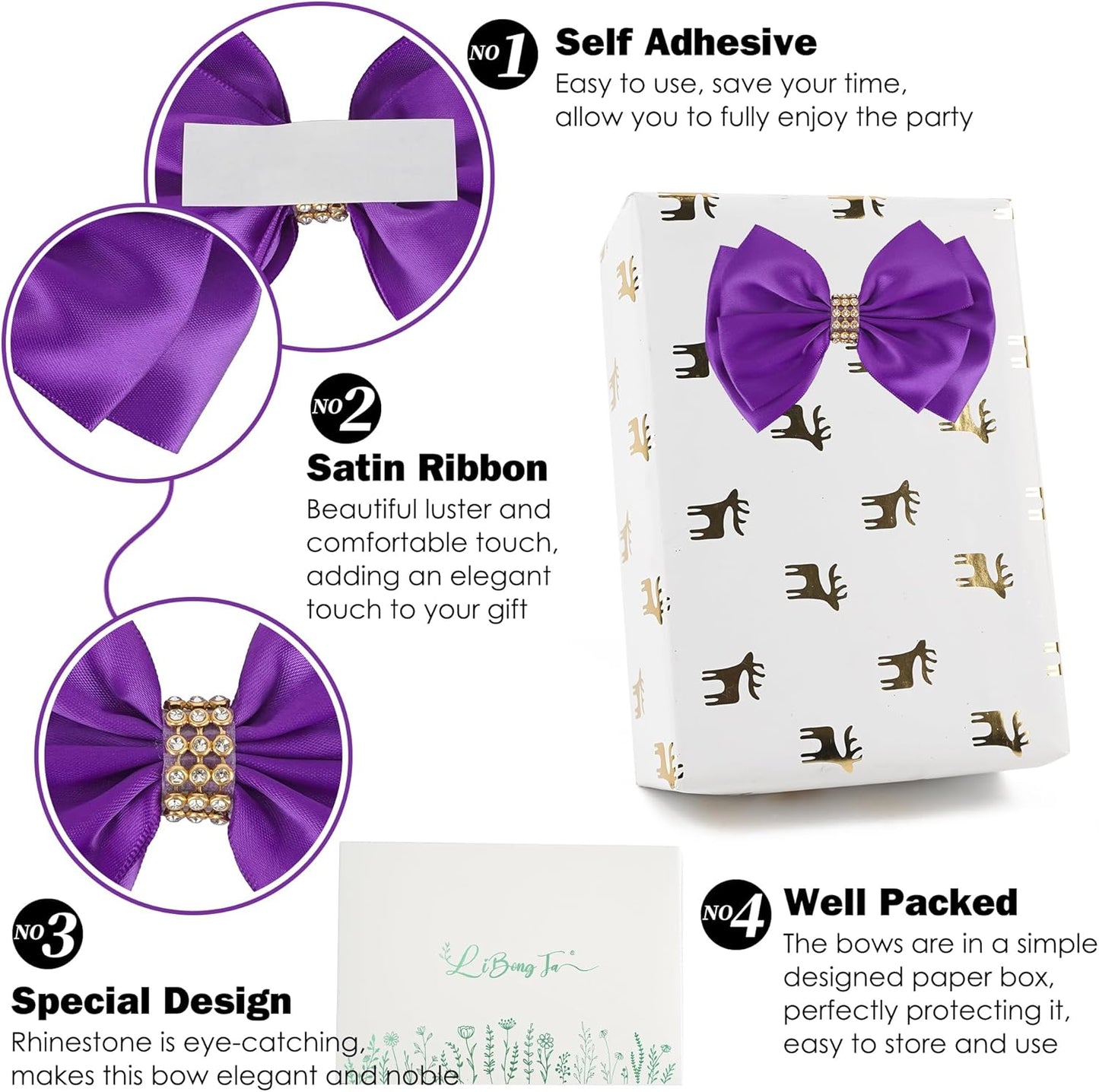 Purple Ribbon Bow 4'' Premade Satin Bow, Purple Gift Bows with Rhinestone, Wrapping Bows for Presents, Greeting Cards, Treat Bags, Wine Bottles, Valentines Bows for Gift Wrapping-12 Counts