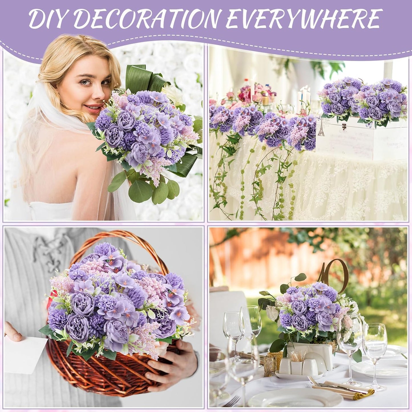 Zeyune 8 Pcs Wedding Silk Flowers Fake Silk Flowers Faux Bouquet Hydrangea Bouquets for Wedding Birthday Party Table Centerpieces Home Decoration(Purple,Peony)