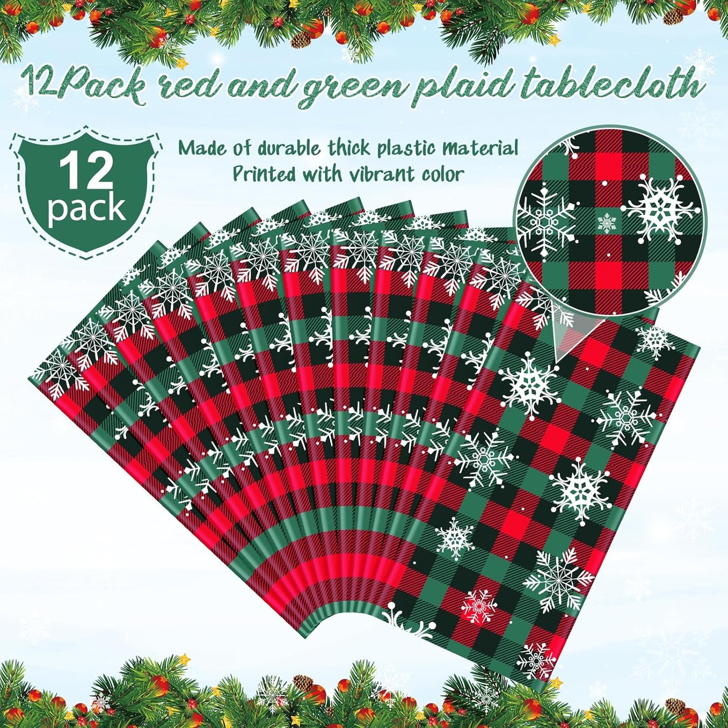12Pcs Christmas Buffalo Plaid Snowflake Party Tablecloths Decorations,Plastic Red and Green Checkered Rectangle Table Cover for Winter Christmas New Year Birthday Holiday Party Decorations,54x108 inch