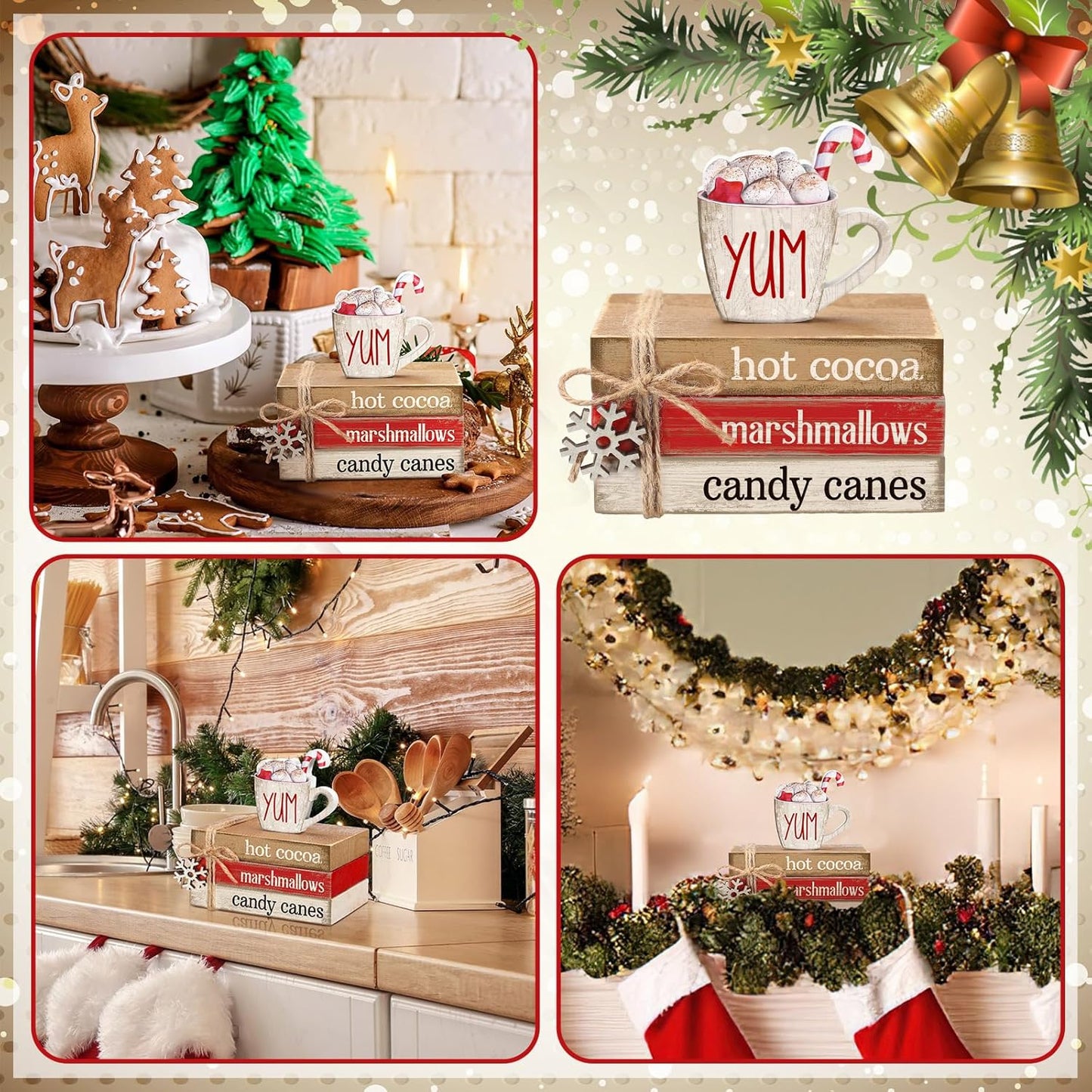 4 Pcs Christmas Table Decorations Winter Snowflake Tiered Tray Decorations Decorative Mini Wooden Books Subject Signs Block Centerpiece for Office Tabletop Shelf Housewarming Gifts