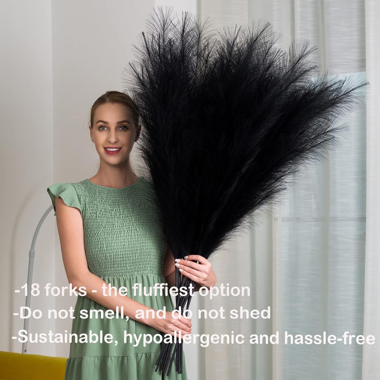 Faux Pampas Grass 6 Stems, Artificial Pampas Grass - 43 inch Total Extra Large Pompass Grass Tall Pompous Boho Flower Arrangement and Floor Vase Filler Home Decor for Room Wedding Party (Black)