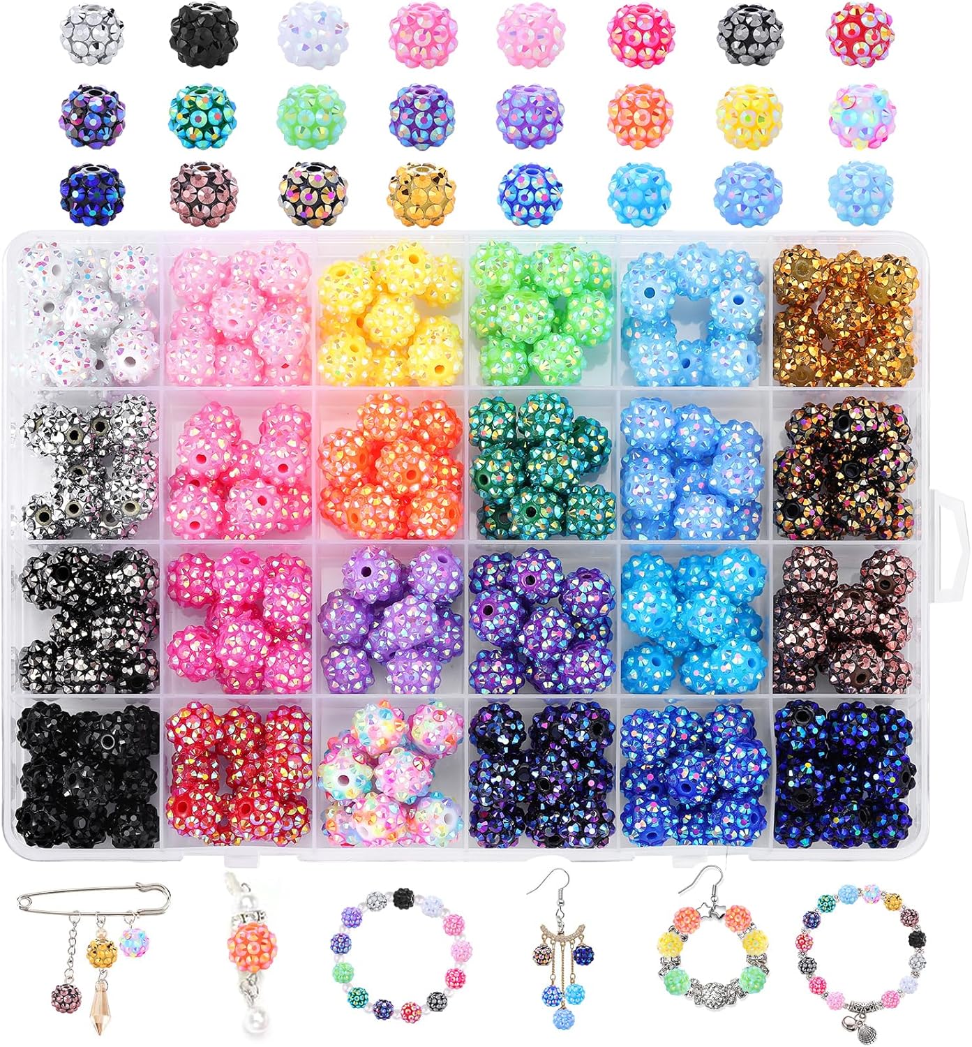 Novani 240pcs 10mm Round Rhinestone Beads for Jewelry Making, Resin & Clay Material, 24 Color Series