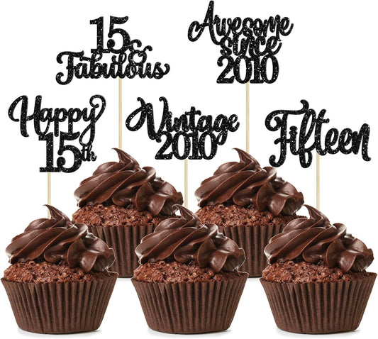 30Pcs Happy 15th Birthday Cupcake Toppers Glitter Fifteen Vintage 2010 Cupcake Picks Cheers to 15 Fabulous Cake Decorations for 15th Birthday Wedding Anniversary Party Supplies Black