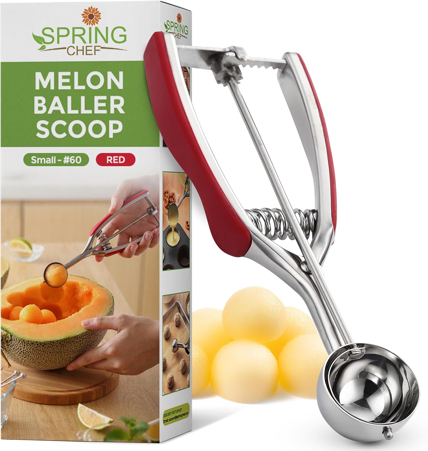 Spring Chef Red Small 1 Tbsp Stainless Steel Cookie Scoop for Baking - Multifunctional Melon Baller - #60 Cookie Dough Scoop with Trigger Release for Ice Cream, Protein Ball - Fruit Scooper and Baller