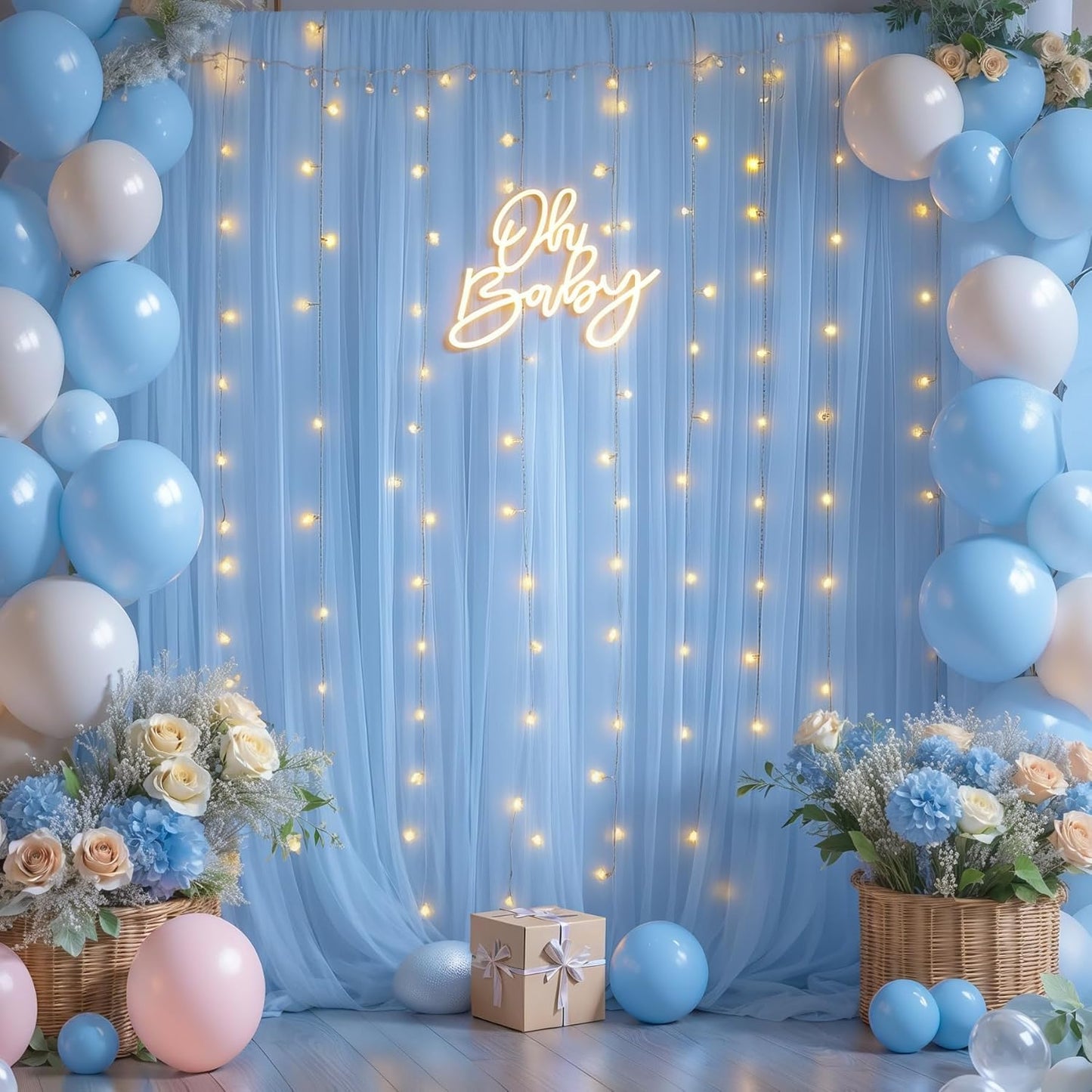20x8ft Baby Blue Tulle Backdrop Curtains with Lights for Party Wedding Baby Shower, Sheer Drape Backdrop Curtains for Birthday Party Photo Booth Background Decoration