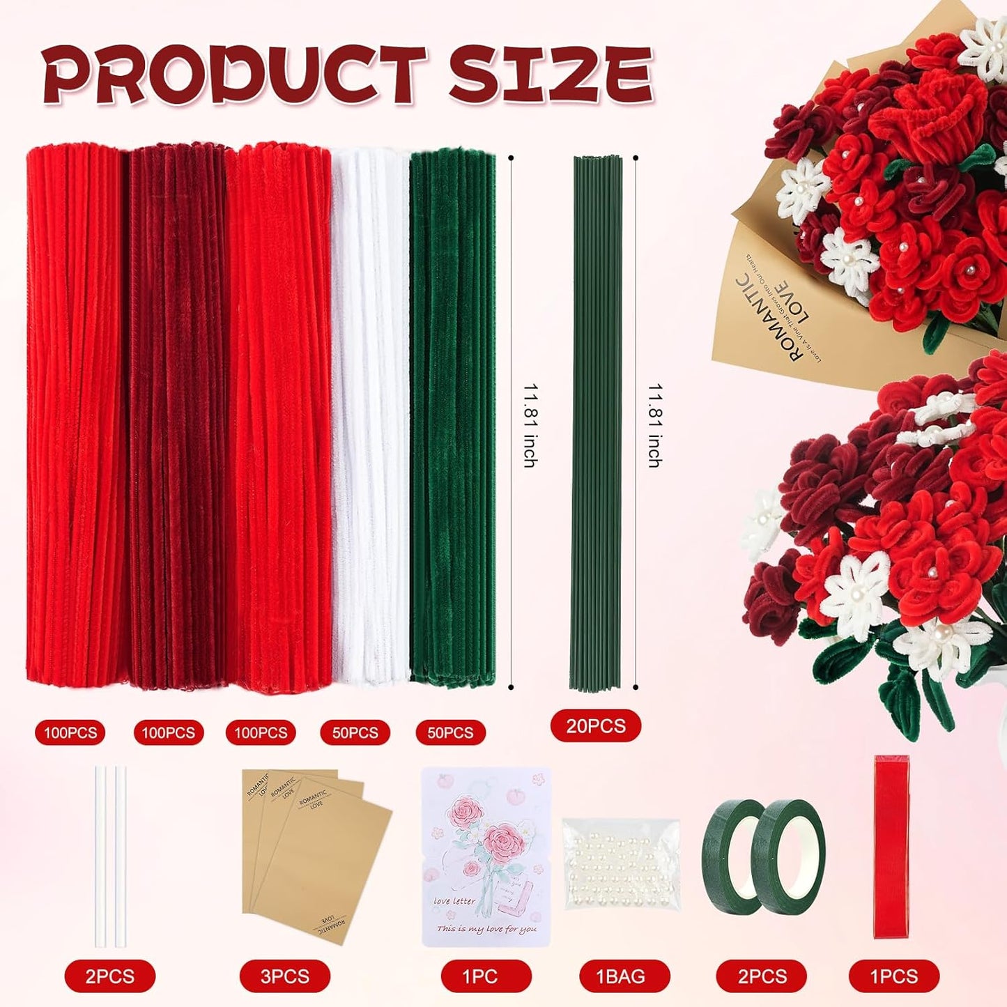 400 Pcs Red Pipe Cleaners for Crafts, 4 Colors Soft Chenille Stems Bulk with Floral Wires, Gardening Tape,Hot Glue Stick，Greeting Card,Bouquet Paper, Pearl & Ribbon, Flowers Craft kit for Christmas