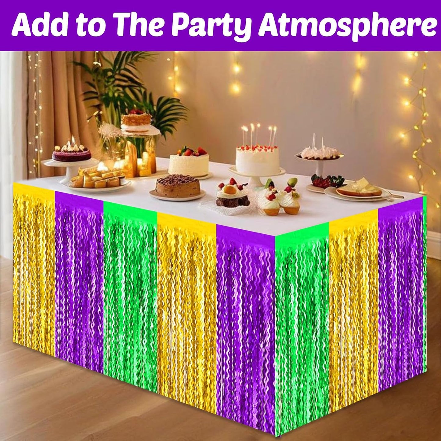 6 Pack 29x108 Inch Gold Green Purple Wave Foil Fringe Table Skirts Metallic Banner for Tinsel Streamer Garland Backdrop for Parade Floats Wedding, Mother's Day, Birthday Mardi Gras Party Decorations