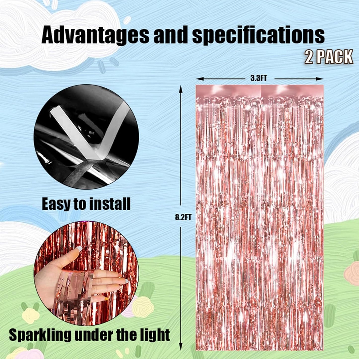 Keyali 2 Pack 3.3 * 8.3 ft Foil Curtain Metallic Tinsel Fringe Curtains Photo Booth Props Backdrop for Birthday Wedding Engagement Baby Shower Christmas Holiday Celebration Partyl,Rose Gold