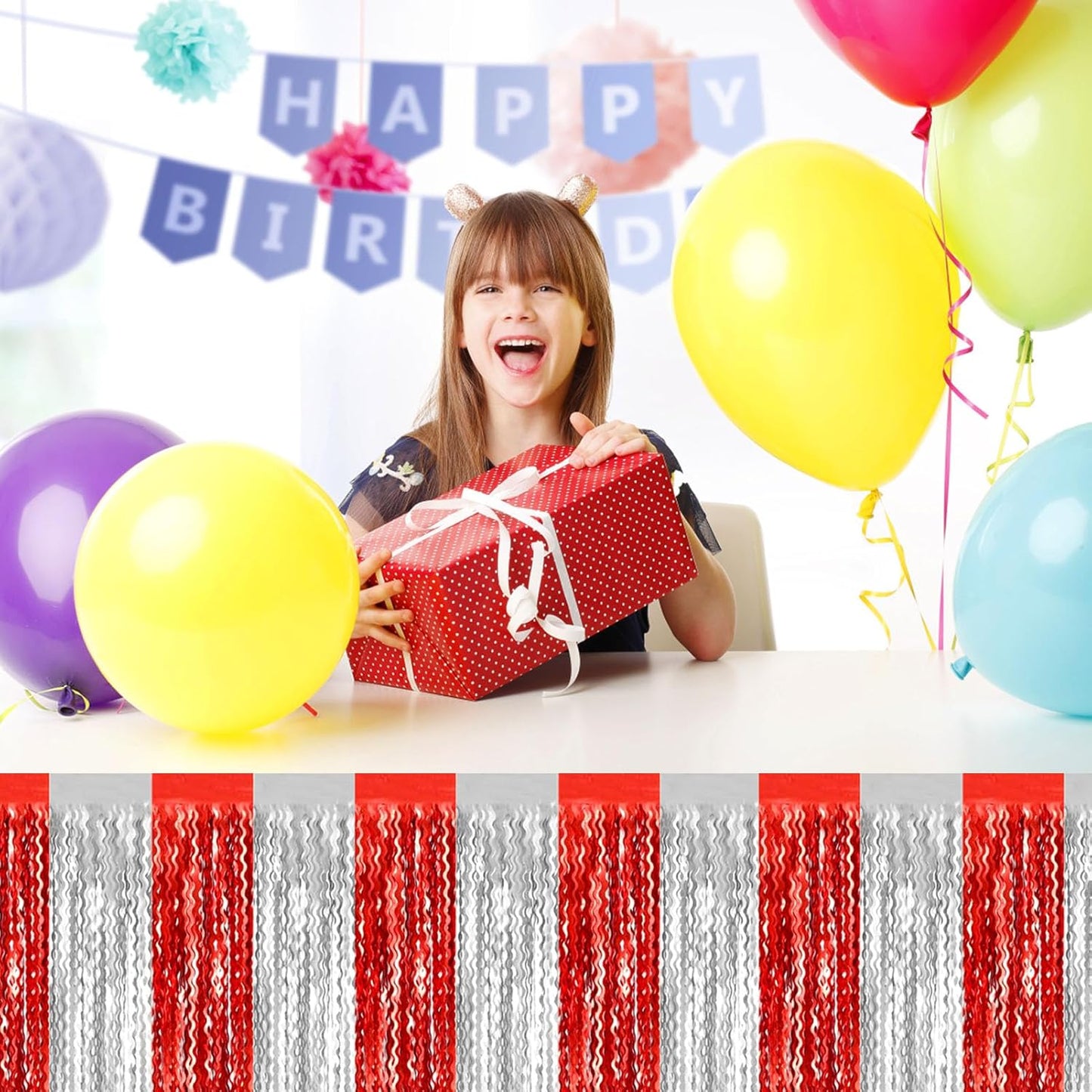 6 Pack 29 x108 Inch Red Silver Wave Foil Fringe Table Skirts Metallic Banner for Tinsel Streamer Garland Backdrop for Parade Floats, Mother's Day, Easter, Wedding, Birthday Party Decoration