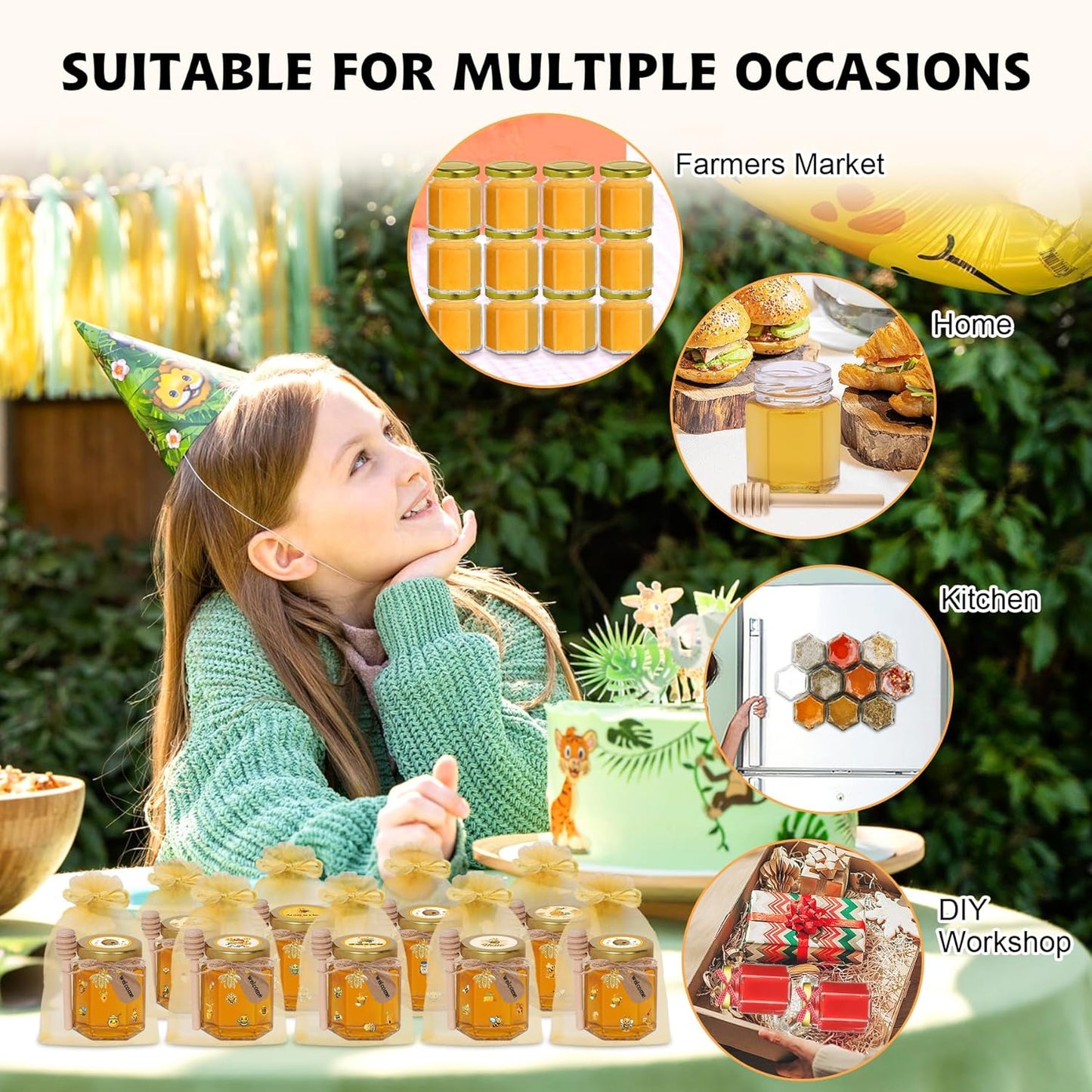 70 Pack 3 oz Mini Hexagon Glass Honey Jars with Dippers, Gold Lids, Bee Stickers, Bee Charms, Gift Bags & Jute– Empty Small Honey Jars for Party Favors Bulk, Ideal for Baby Showers ＆ Weddings