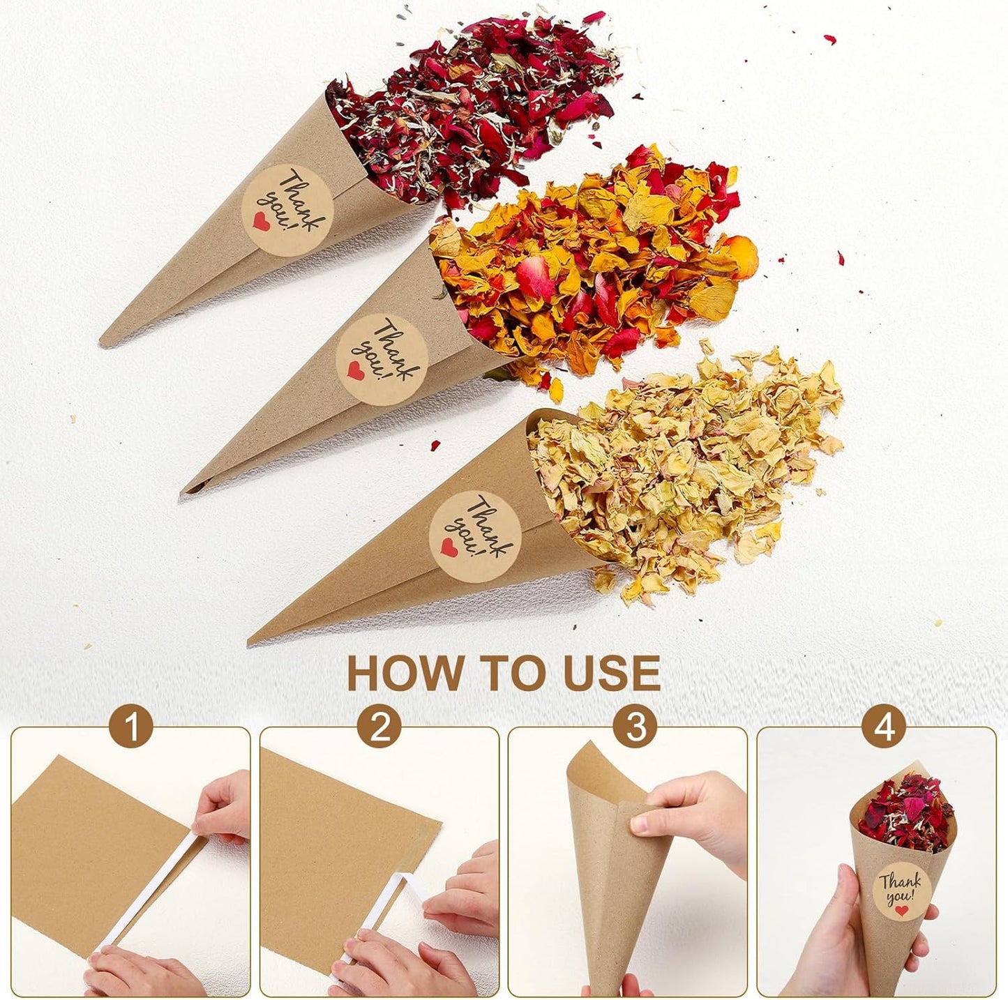 PATIKIL Dried Flower Confetti Cones, 30Pcs Paper Tapers Cone Holder with Dried Rose Petal / Sticker for Wedding Party Engagement Birthday DIY Decoration, Red