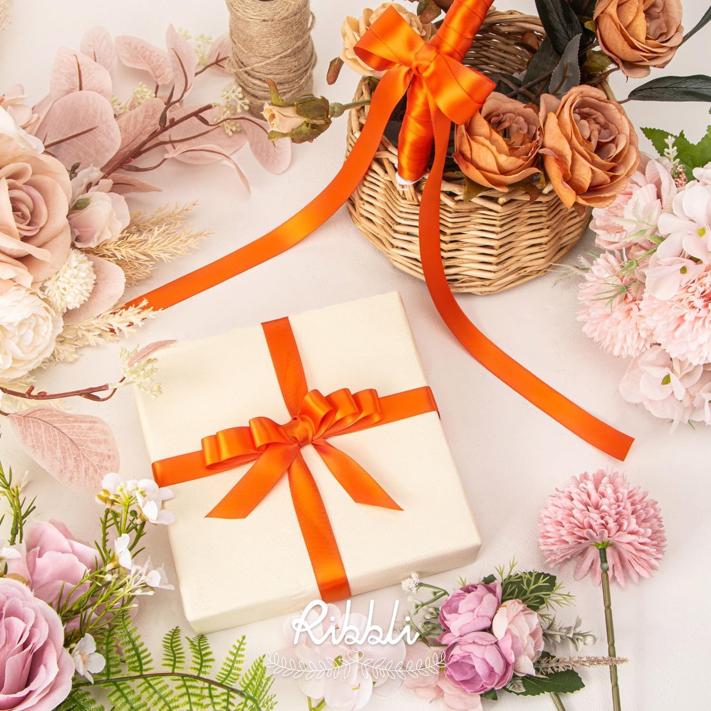 Ribbli Torrid Orange Satin Ribbon 5/8 inch x Continuous 25 Yards,Double Faced Satin Use for Craft, Gift Wrapping, Christmas Ornaments, Hair Bows, Bouquet Bows