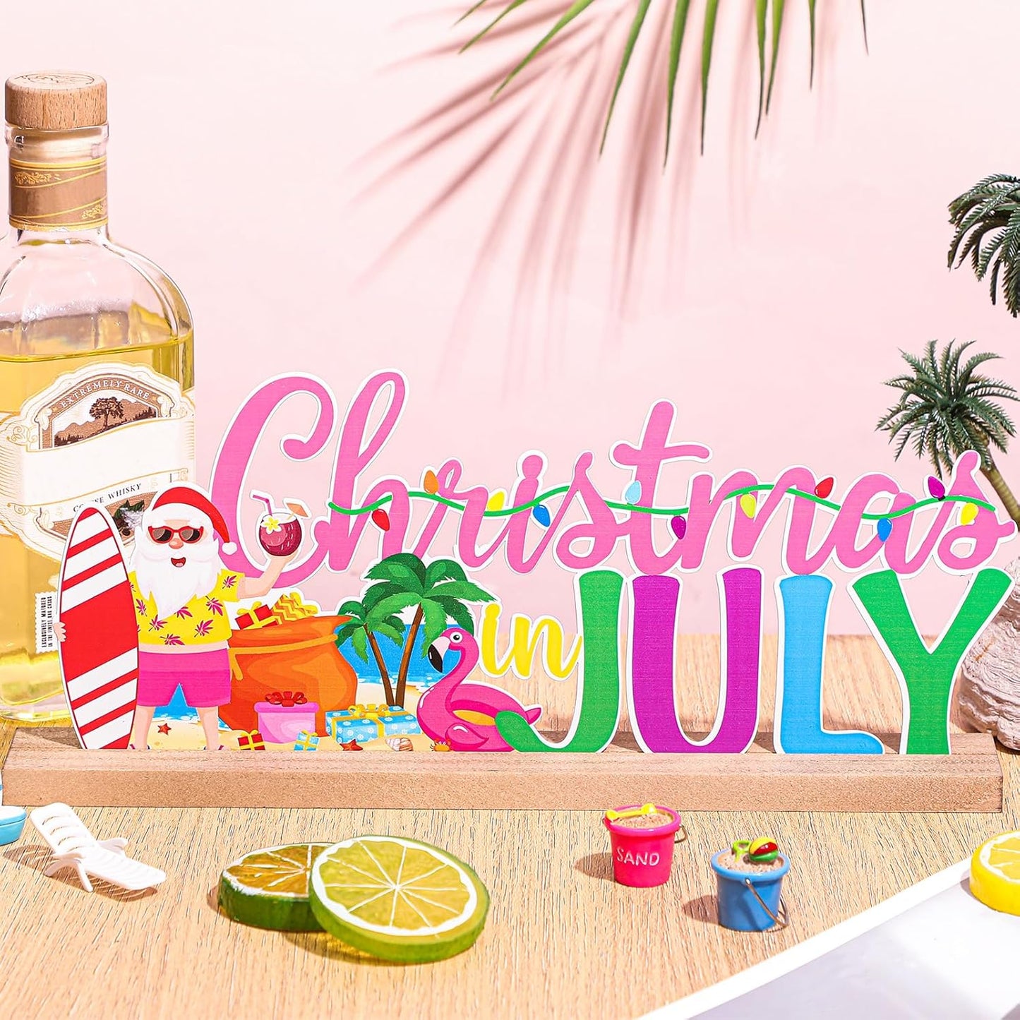 Christmas in July Metal Sign Rustic Table Decor Holiday Tiered Tray Decor with Wooden Base Freestanding Metal Word Sign for Home Tabletop Centerpiece Mantel Shelf Fireplace