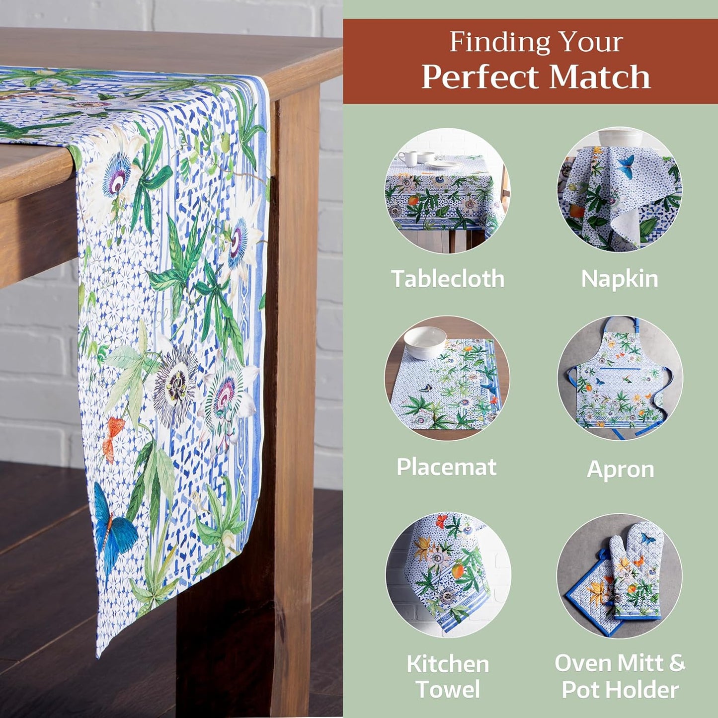 Maison d' Hermine Table Runner 100% Cotton Single Layer Table Runners 108 inches Long Decorative for Home Kitchen Dining Party Wedding Bridal Shower Spring Summer (Passiflora, 14.50" x 108")