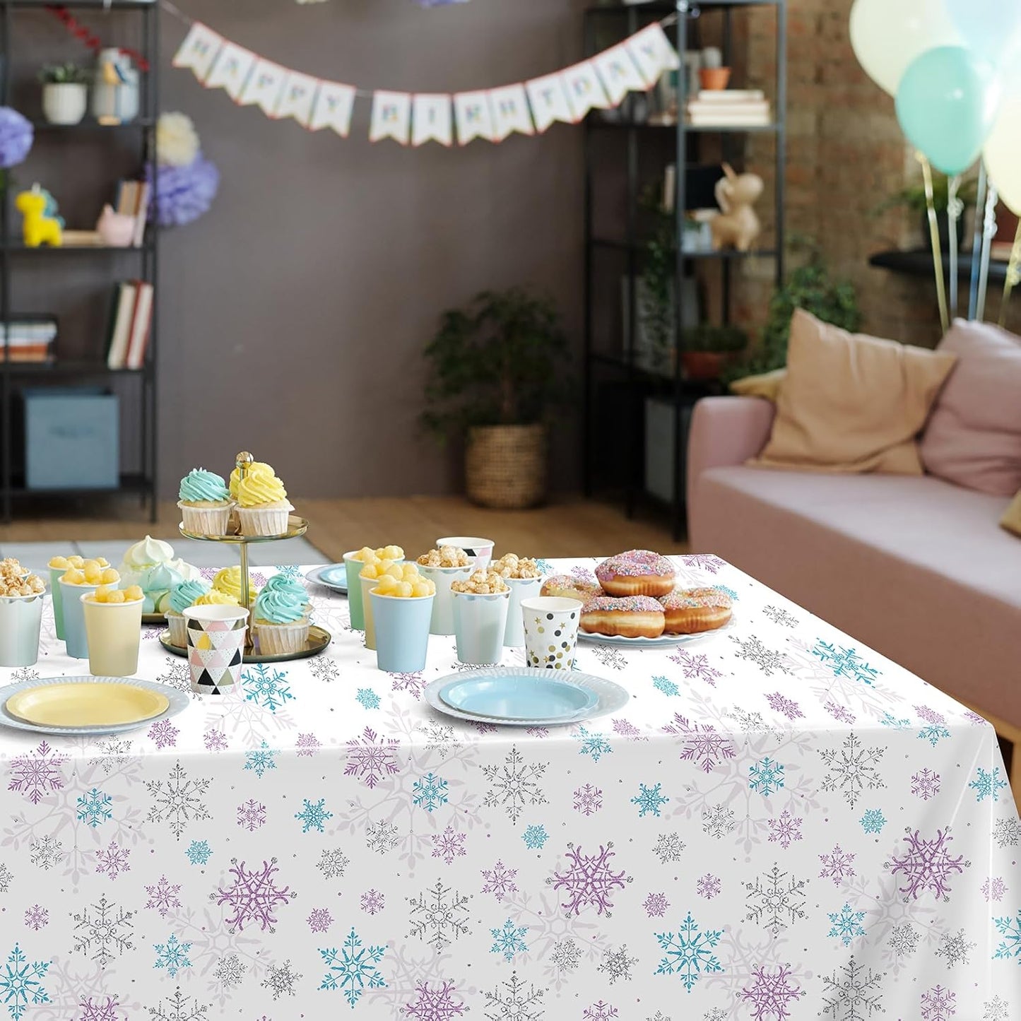 6 Pieces Christmas Snowflake Party Tablecloth Decorations,Plastic Purple and Blue Winter Wonderland Table Cover for Winter Christmas Birthday Holiday Party Decorations and Supplies,54x108 inch