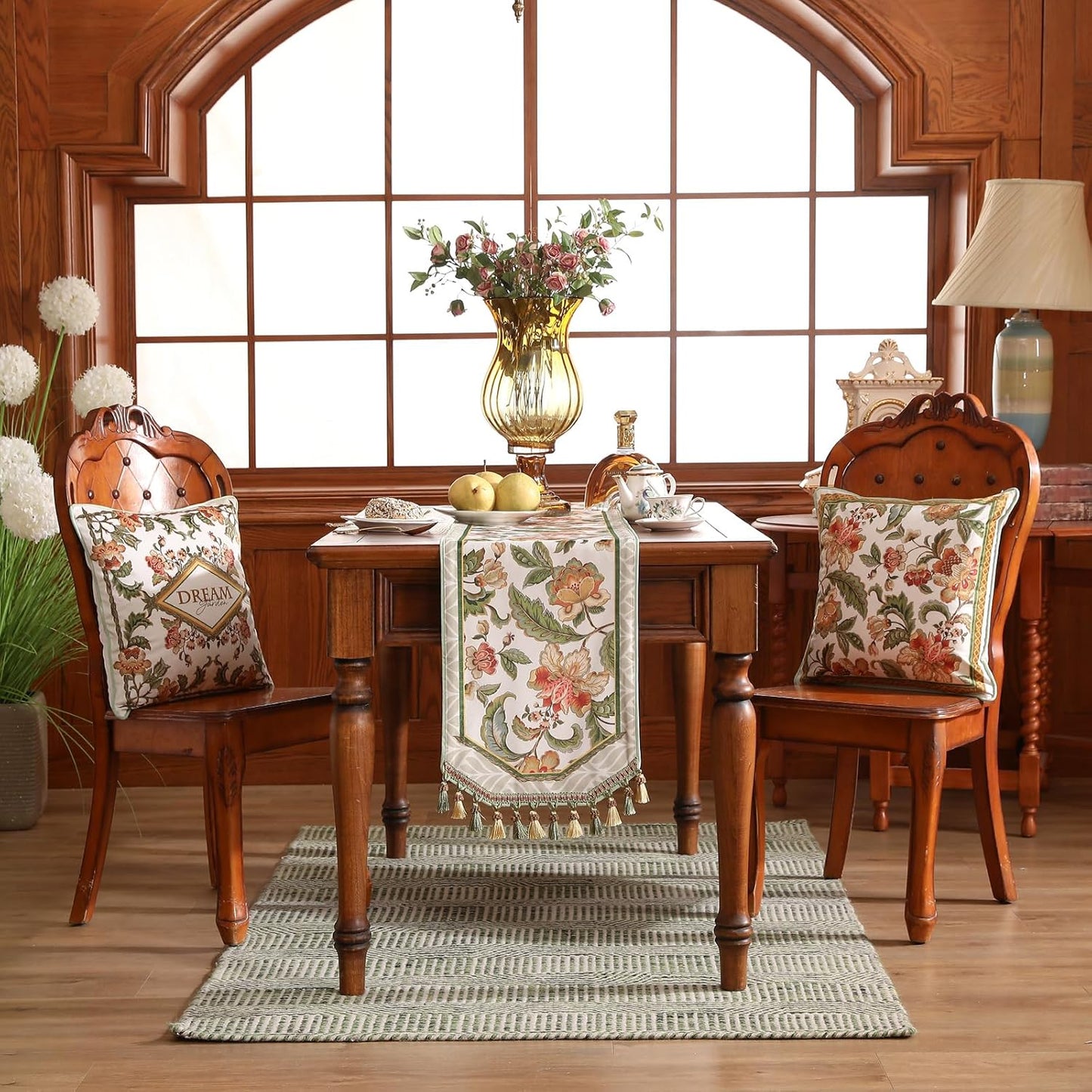 patdrea Designer Elegant French Floral Extra Long Velvet Table Runner,Green with Orange Blossoms Pattern Table Mat,Decoration for Kitchen Dining Coffee Table Cabinet Banquet Thanksgiving,12"*118"