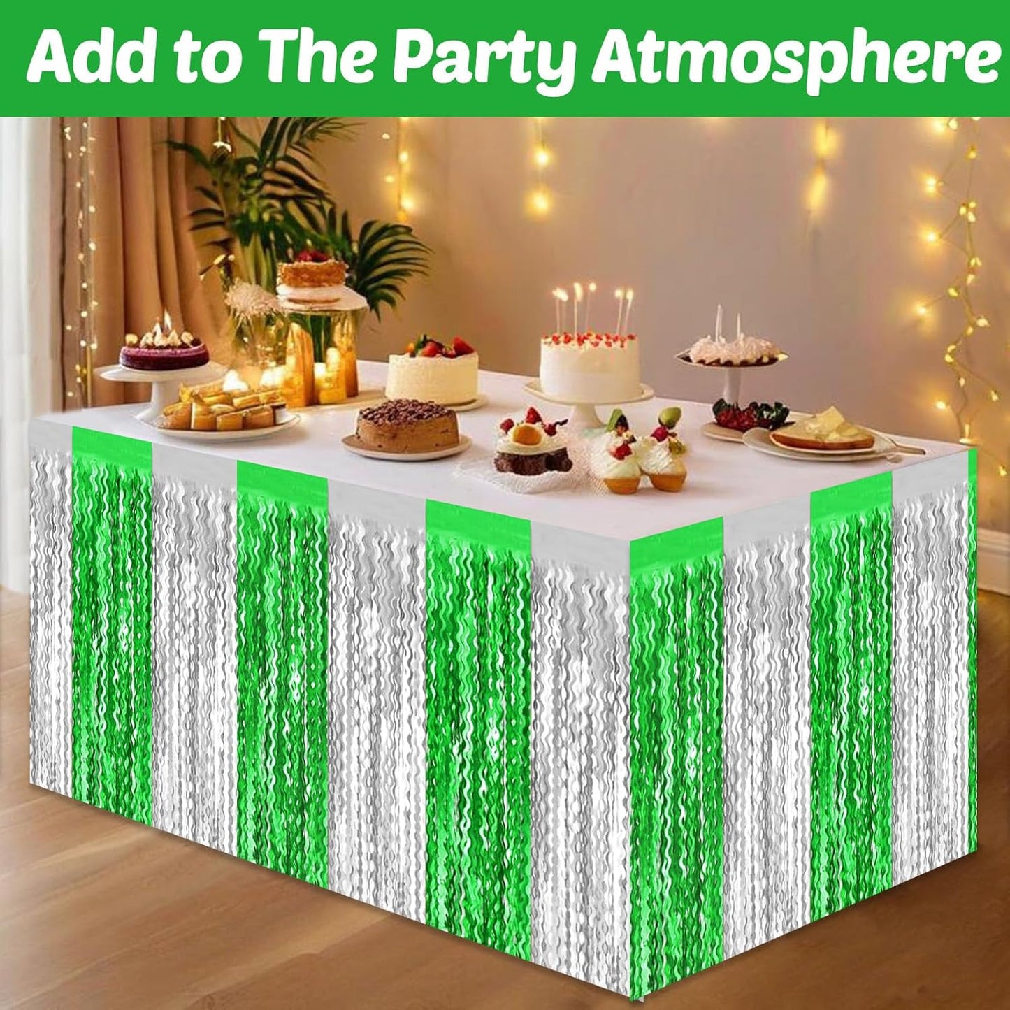 6 Pack 29x108 Inch Silver Green Wave Foil Fringe Table Skirts Metallic Banner for Tinsel Streamer Garland Backdrop for Parade Floats Wedding, Mother's Day, Birthday Mardi Gras Party Decorations