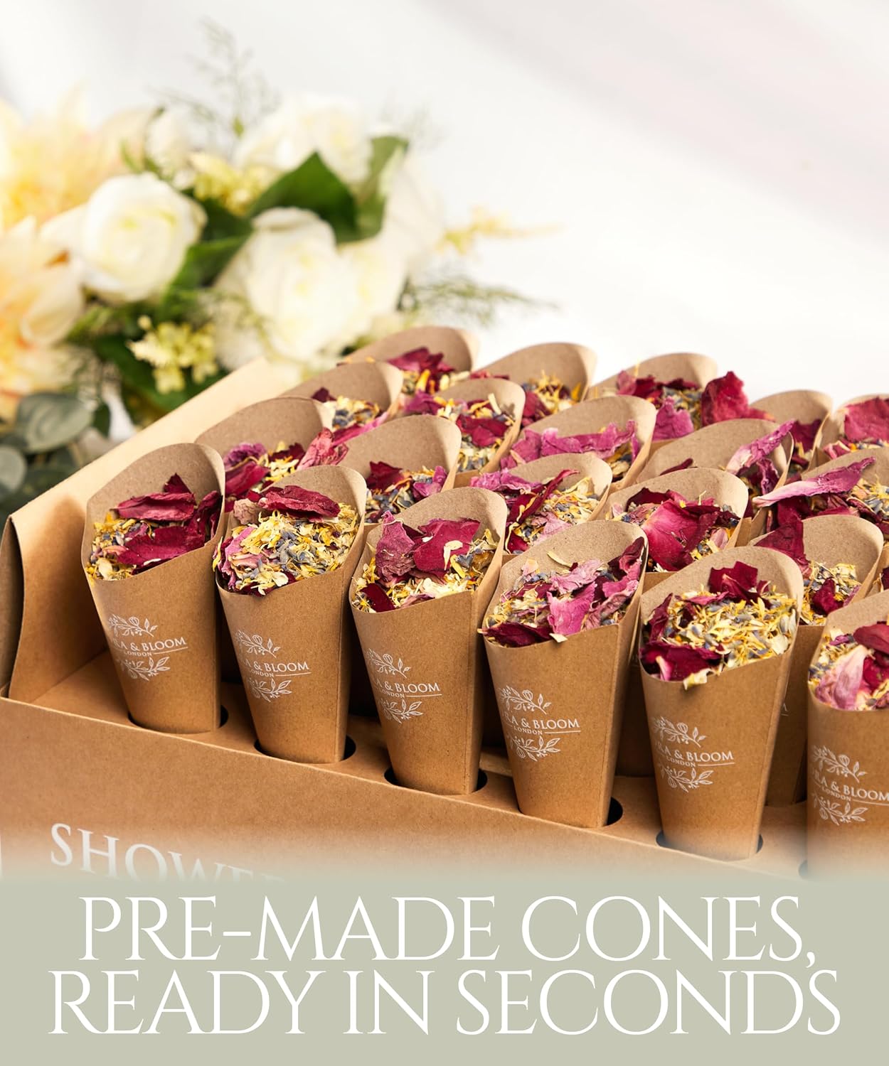 Flora & Bloom Biodegradable Confetti With Pre Built Cones | Dried Flowers (6 Litres) | Wedding Confetti Kit | Pop Open Cones & Tray |Jasmine, Lavender & Rose Petals | Wedding Decorations (48 Guests)