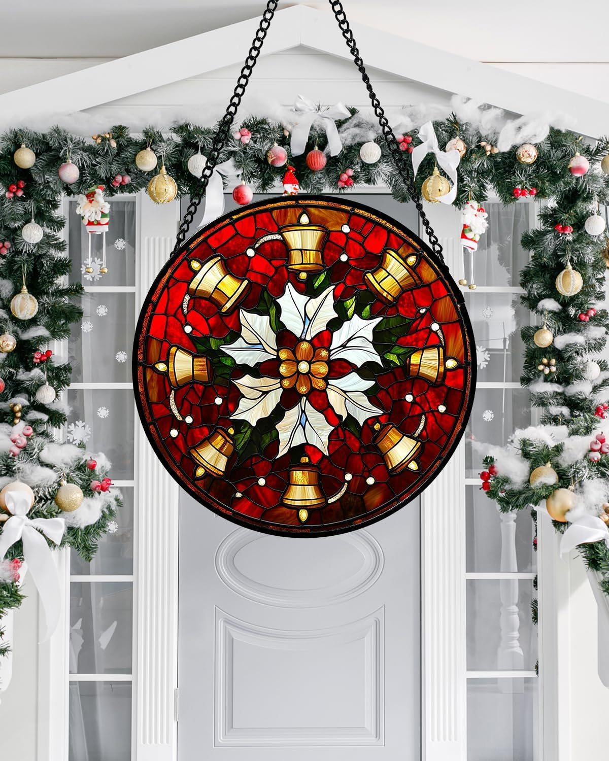 Stained Glass Window Hanging - Golden Bells Flowers Suncatcher for Doors Home Christmas Decoration Winter Sun Catcher Thanksgiving New Year Birthday Gift for Friend Women Men Mom Nana 7.8 in