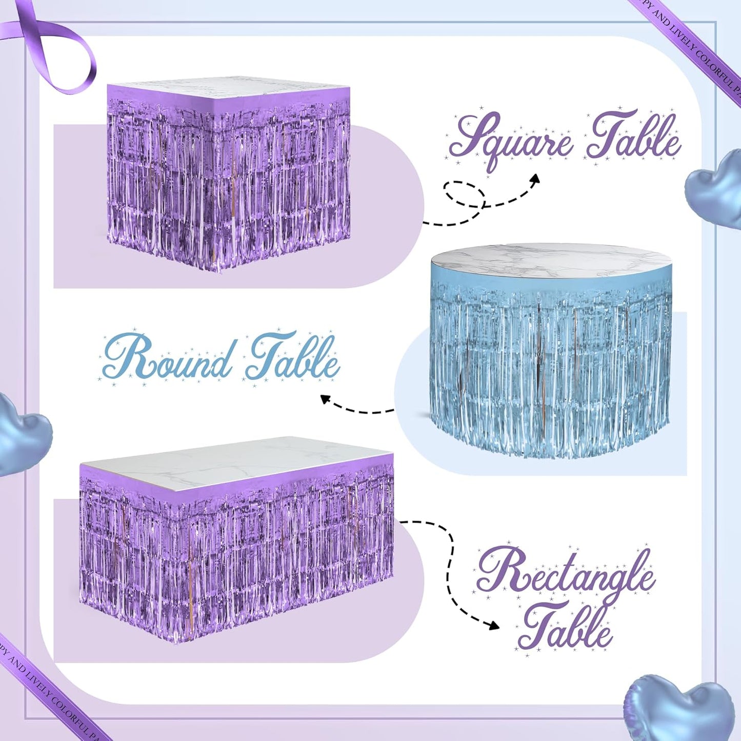 2 Pack Light Blue Light Purple Table Skirts, 29x108" Metallic Foil Tinsel Fringe Table Skirt for Rectangle Tables Streamer Curtains Backdrop, Party Decorations for Birthdays, Weddings, Holidays