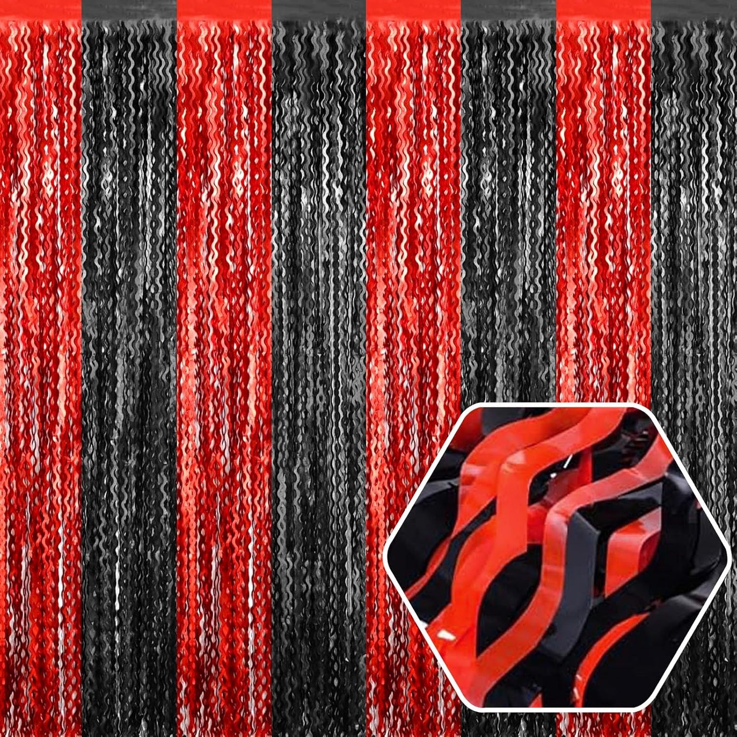 4 Pack Black Red Wave Foil Fringe Curtain Backdrop, 3.28Ft x 8.2Ft Metallic Tinsel Foil Fringe Streamer Curtains for Photo Booth, Mother's Day, Easter, Birthday, Wedding Party Decoration