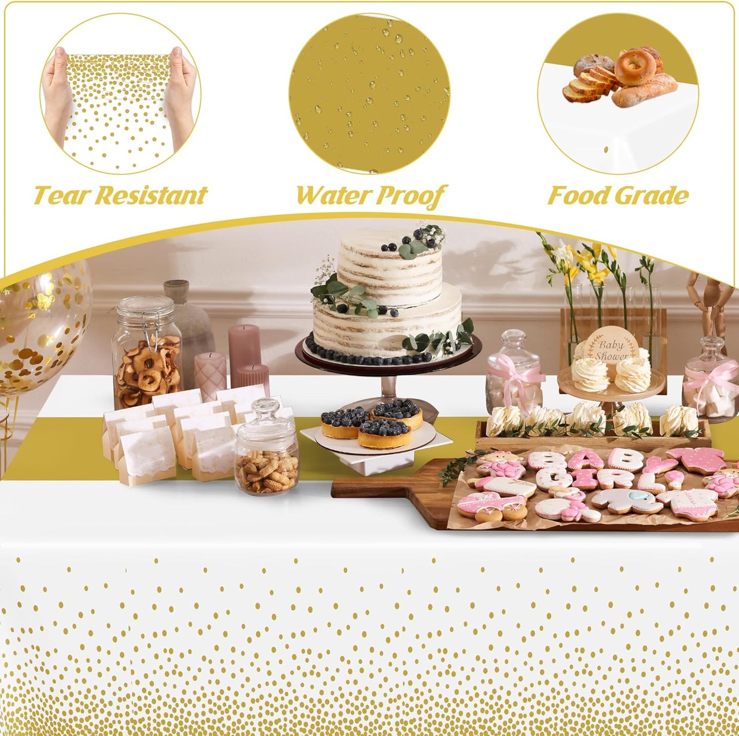 QZYL 12Pack Table Cloth Rectangle Tables, 54" x 108" Disposable Party White Table Cloths with Gold Dot, Waterproof Table Covers for Birthday Outdoor Wedding New Year Eve Birthday Decorations Supplies