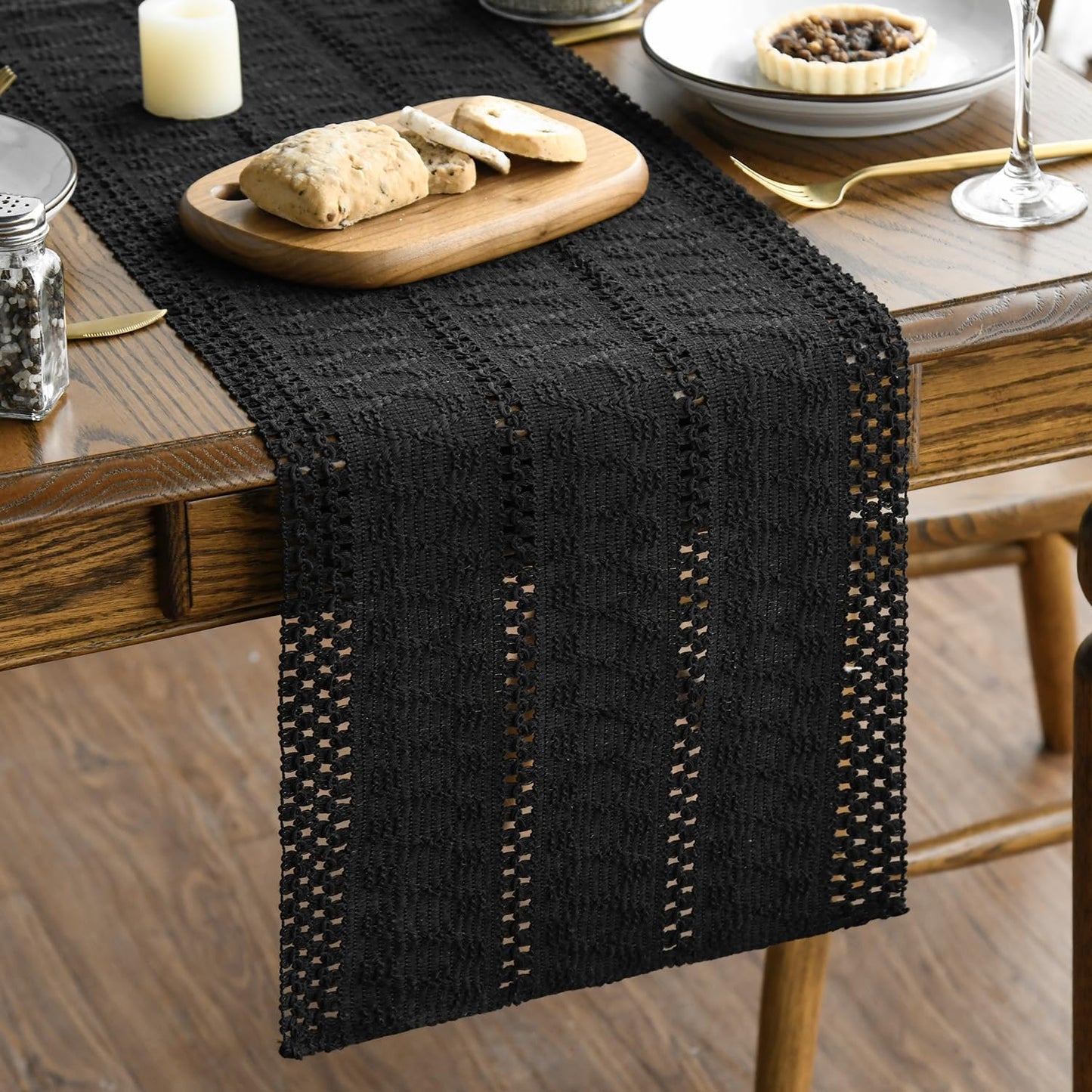 Artoid Mode Black Farmhouse Woven Rustic Hollow Table Runner, Seasonal Holiday Hollow Kitchen Dining Table Decoration for Home Party Decor 12x48 Inch