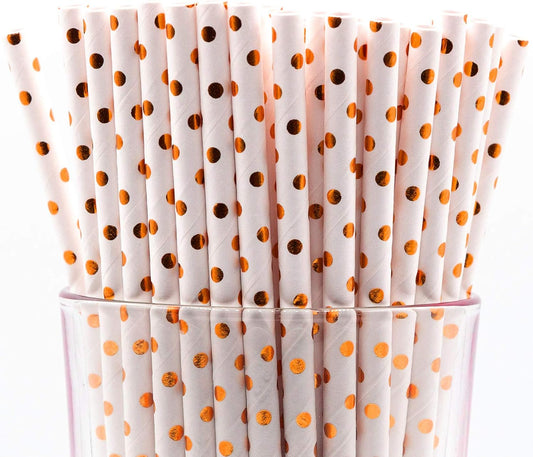 Pack of 300 Rose Gold Polka Dot Foil Biodegradable 4-Ply Paper Drinking Straws (Compostable, Non-toxic, BPA-free)