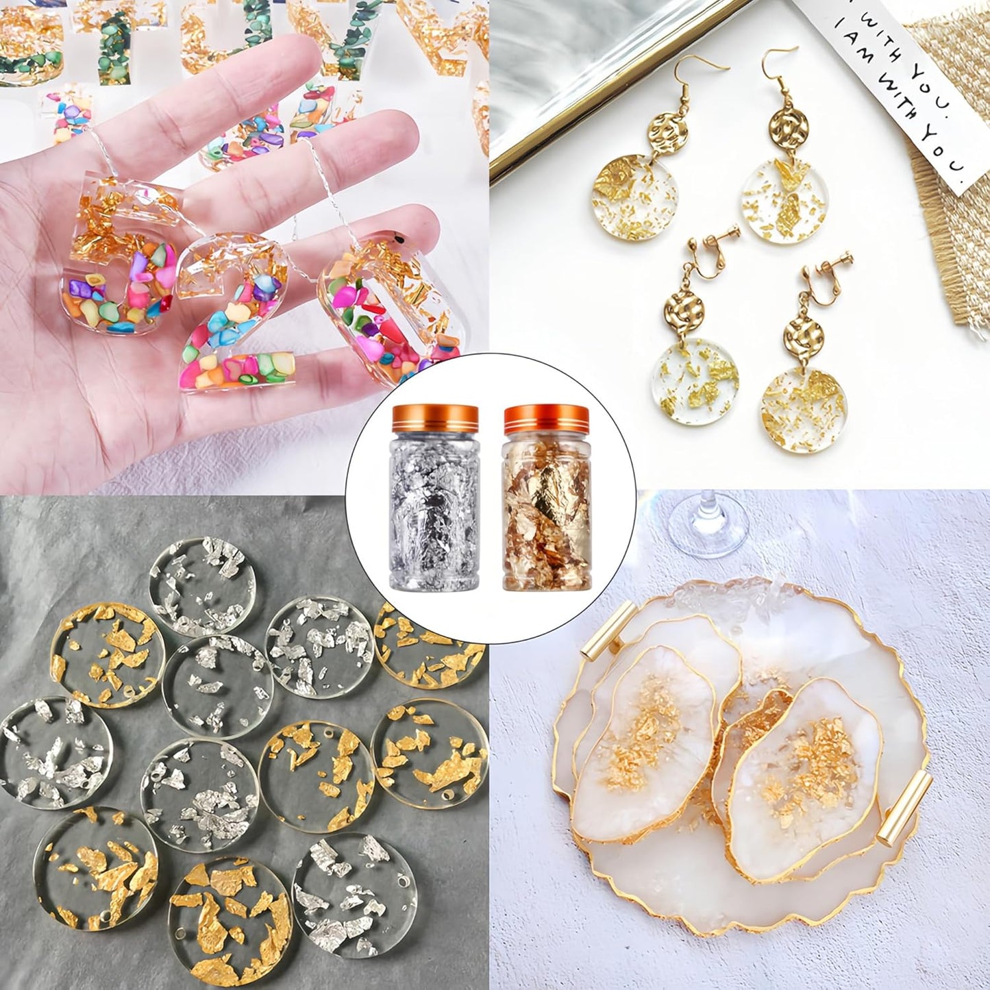 Gold Flakes for Resin, 2 Bottles 10g Imitation Golden Foil Gilding Flake Metallic Leaf for Cake Decoration Chocolate Making Nails Painting Art Crafts with Bamboo Tweezers (Gold, Silver Colors)